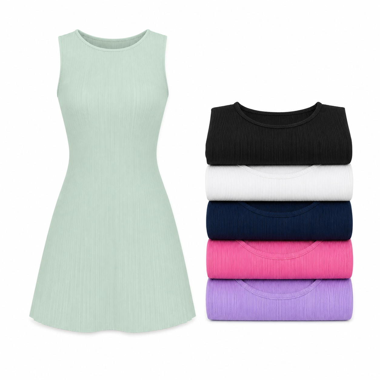 6-Pack Set A - women's sleeveless pleated A-line mini dress