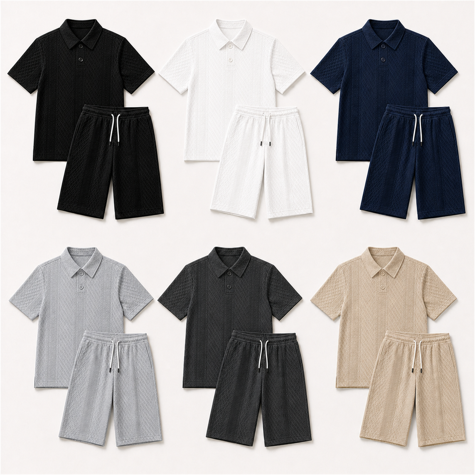 Men's raised geometric two-button short-placket polo and near-knee drawstring shorts pack in 6-Pack Set A