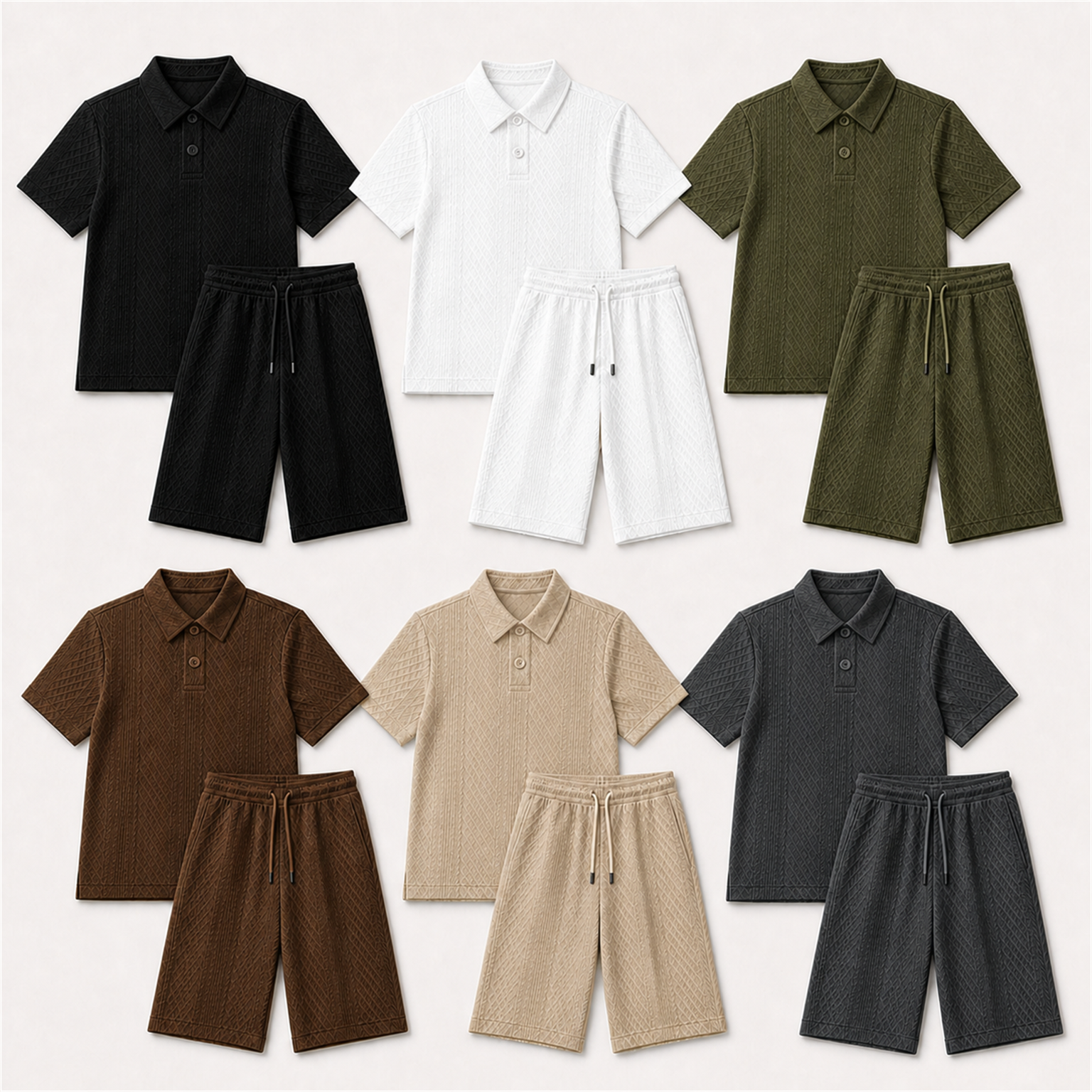 Men's raised geometric two-button short-placket polo and near-knee drawstring shorts pack in 6-Pack Set B