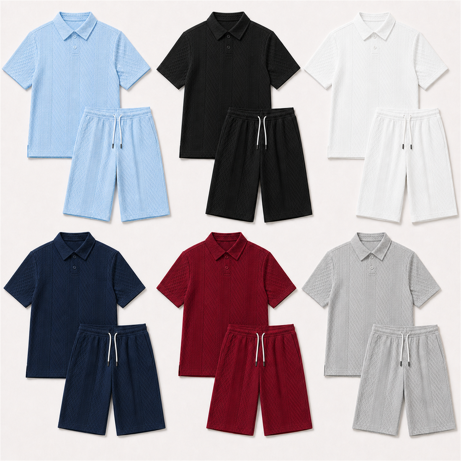 Men's raised geometric two-button short-placket polo and near-knee drawstring shorts pack in 6-Pack Set C