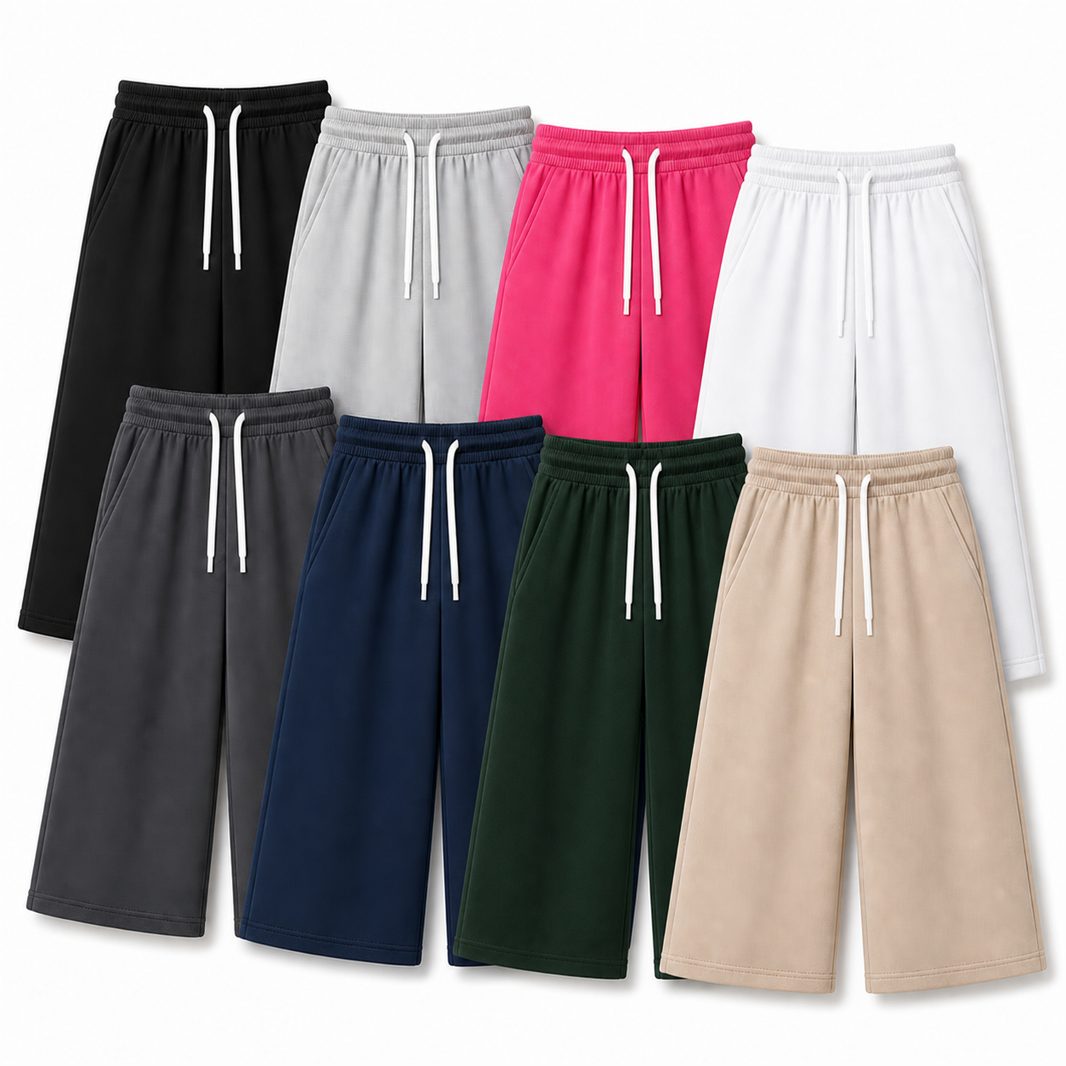 8-Color Set men's seven-tenths-length French-terry cropped pants in a natural overlapping arrangement