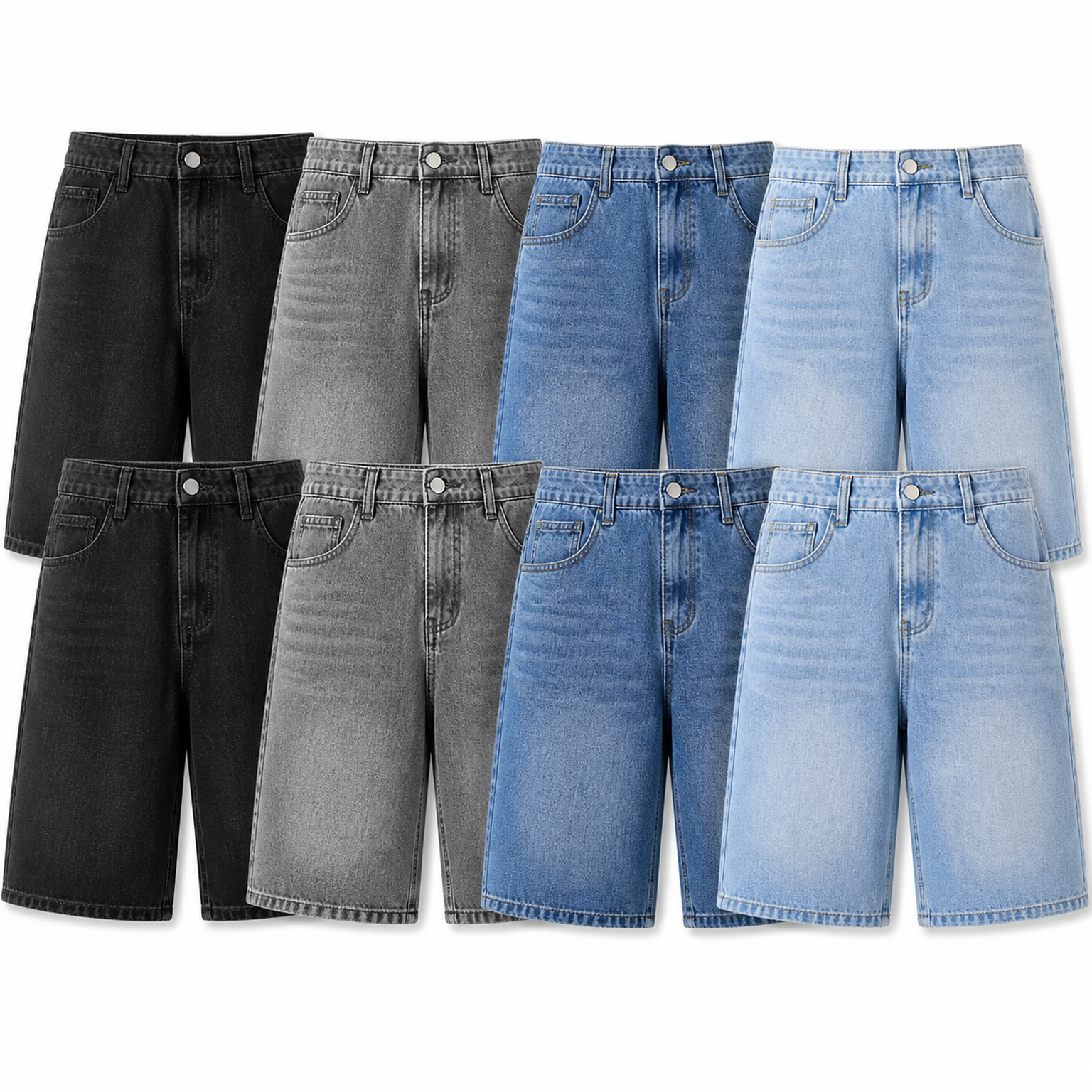 Eight men's knee-length denim shorts in a tight staggered four-by-two arrangement