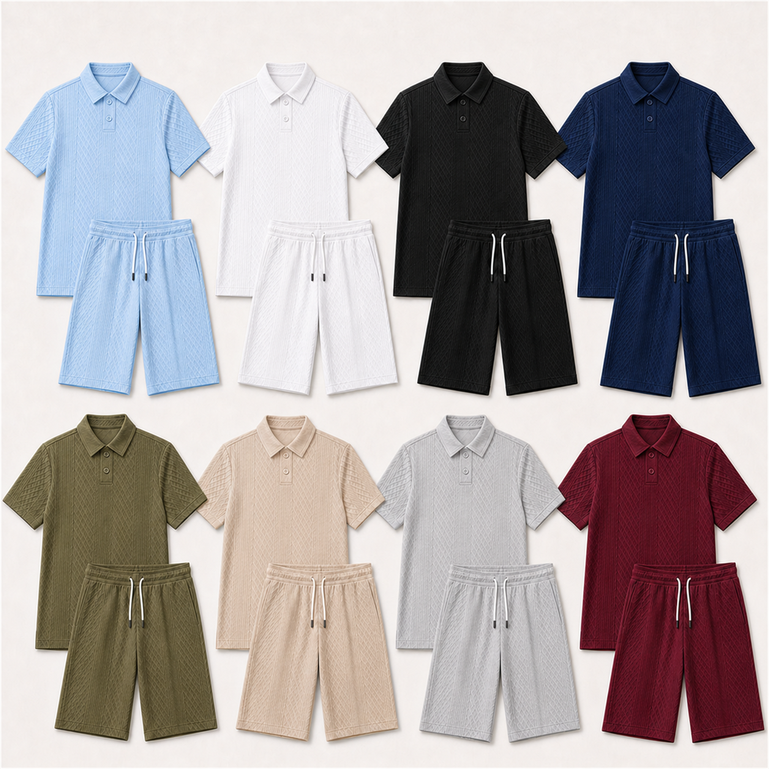 Men's raised geometric two-button short-placket polo and near-knee drawstring shorts pack in 8-Color Set
