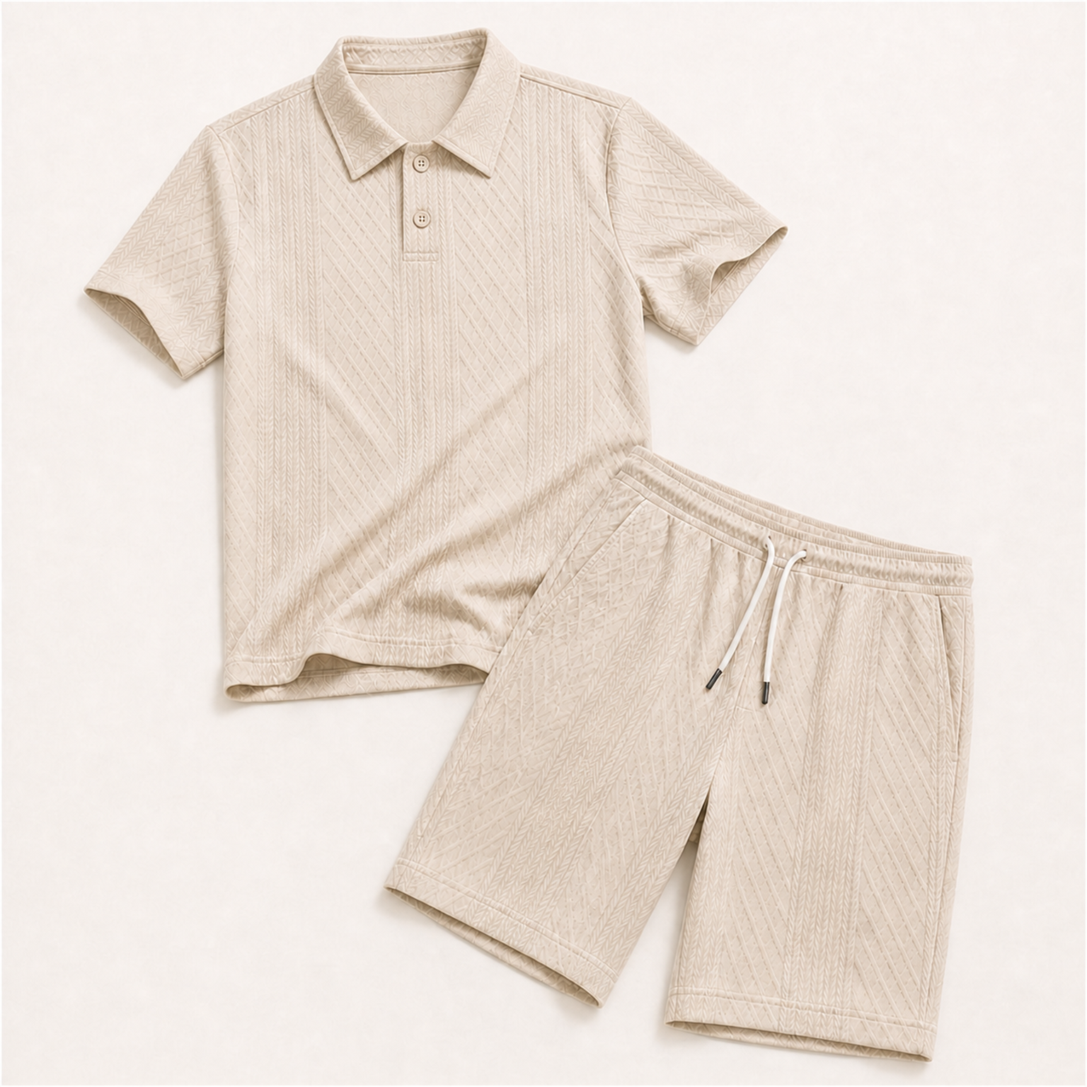 Men's Beige raised geometric textured polo with pointed collar, short centered two-button placket, and near-knee drawstring shorts