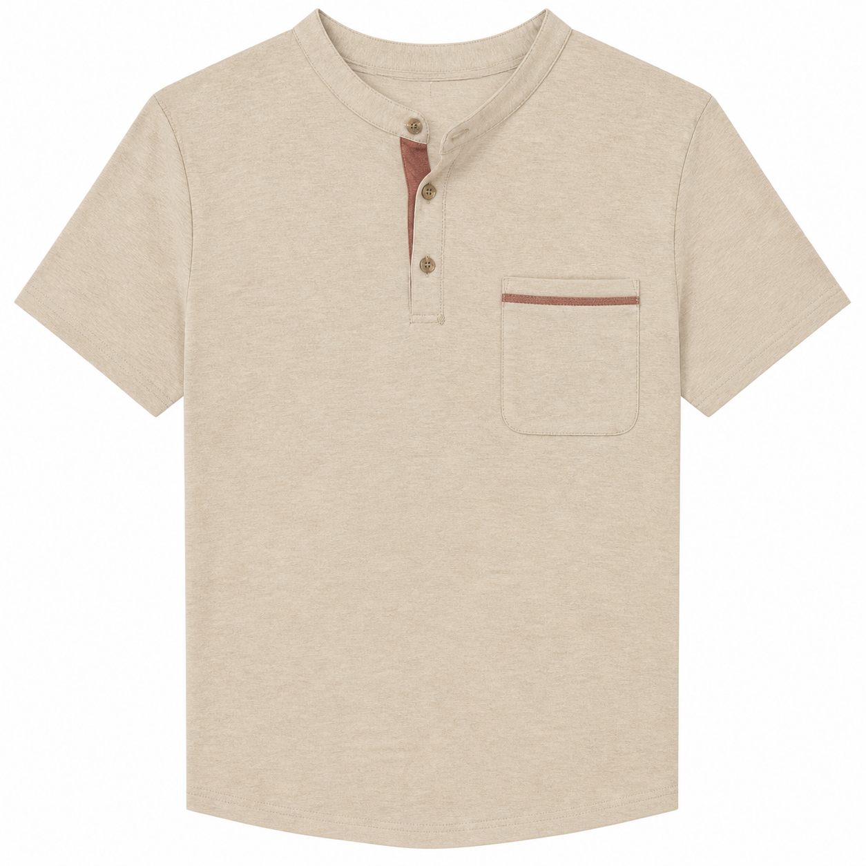 Men's smooth short sleeve Henley shirt in Beige with three-button front and complete sewn-on chest patch pocket