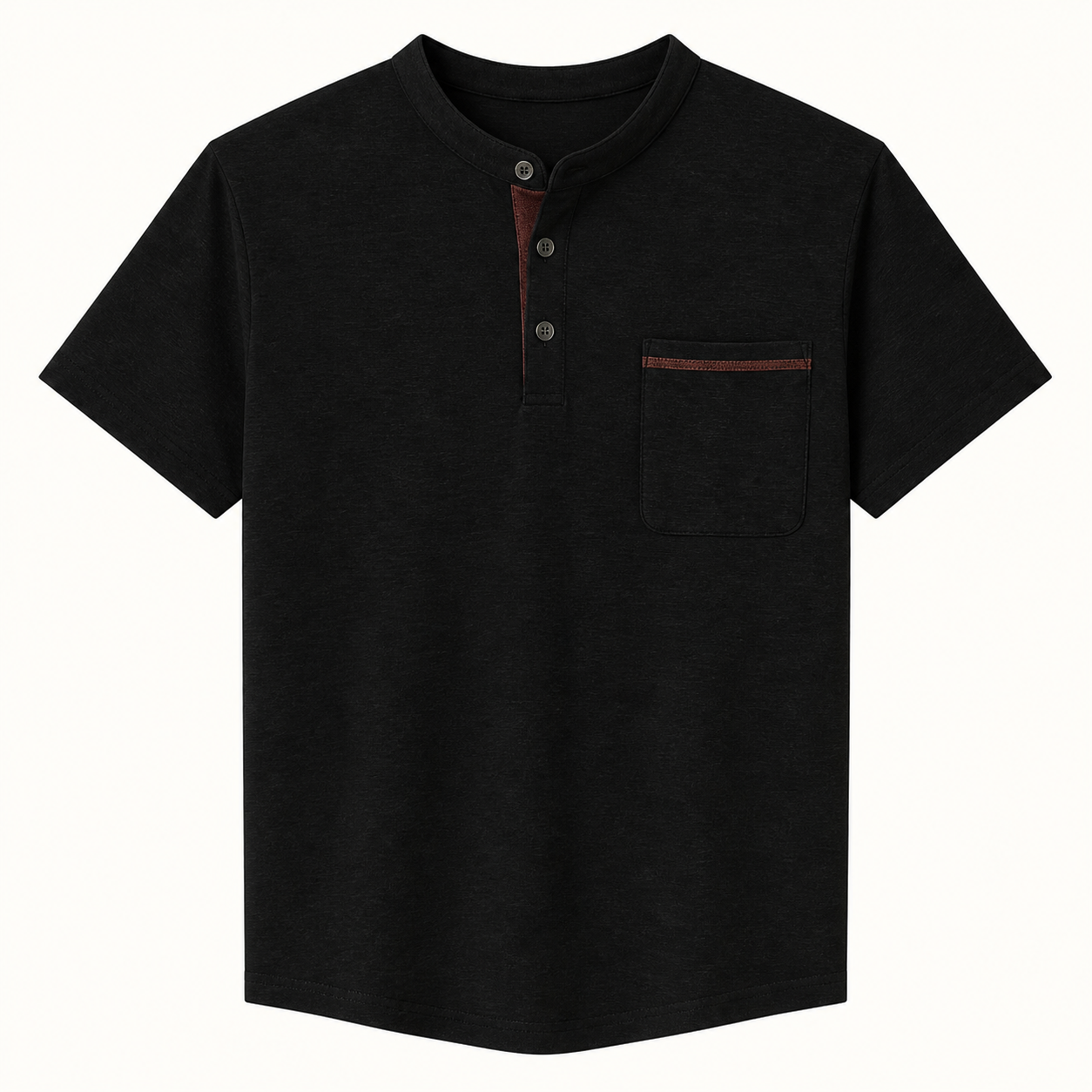 Men's smooth short sleeve Henley shirt in Black with three-button front and complete sewn-on chest patch pocket