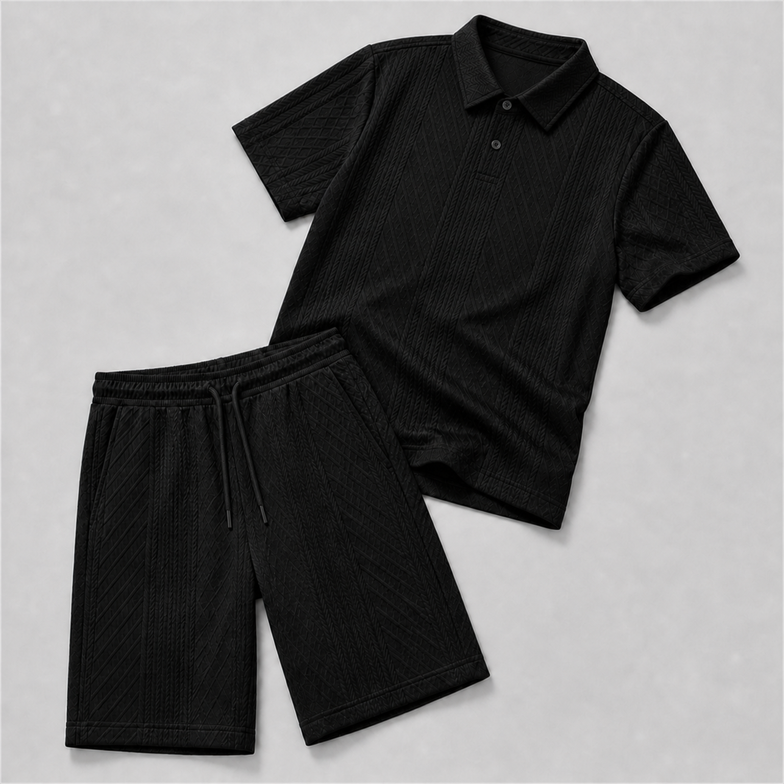 Men's Black raised geometric textured polo with pointed collar, short centered two-button placket, and near-knee drawstring shorts