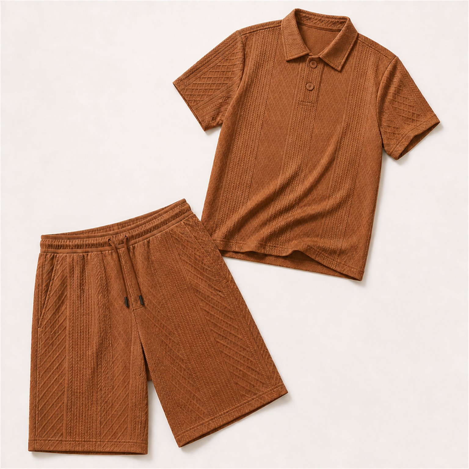 Men's Brown raised geometric textured polo with pointed collar, short centered two-button placket, and near-knee drawstring shorts