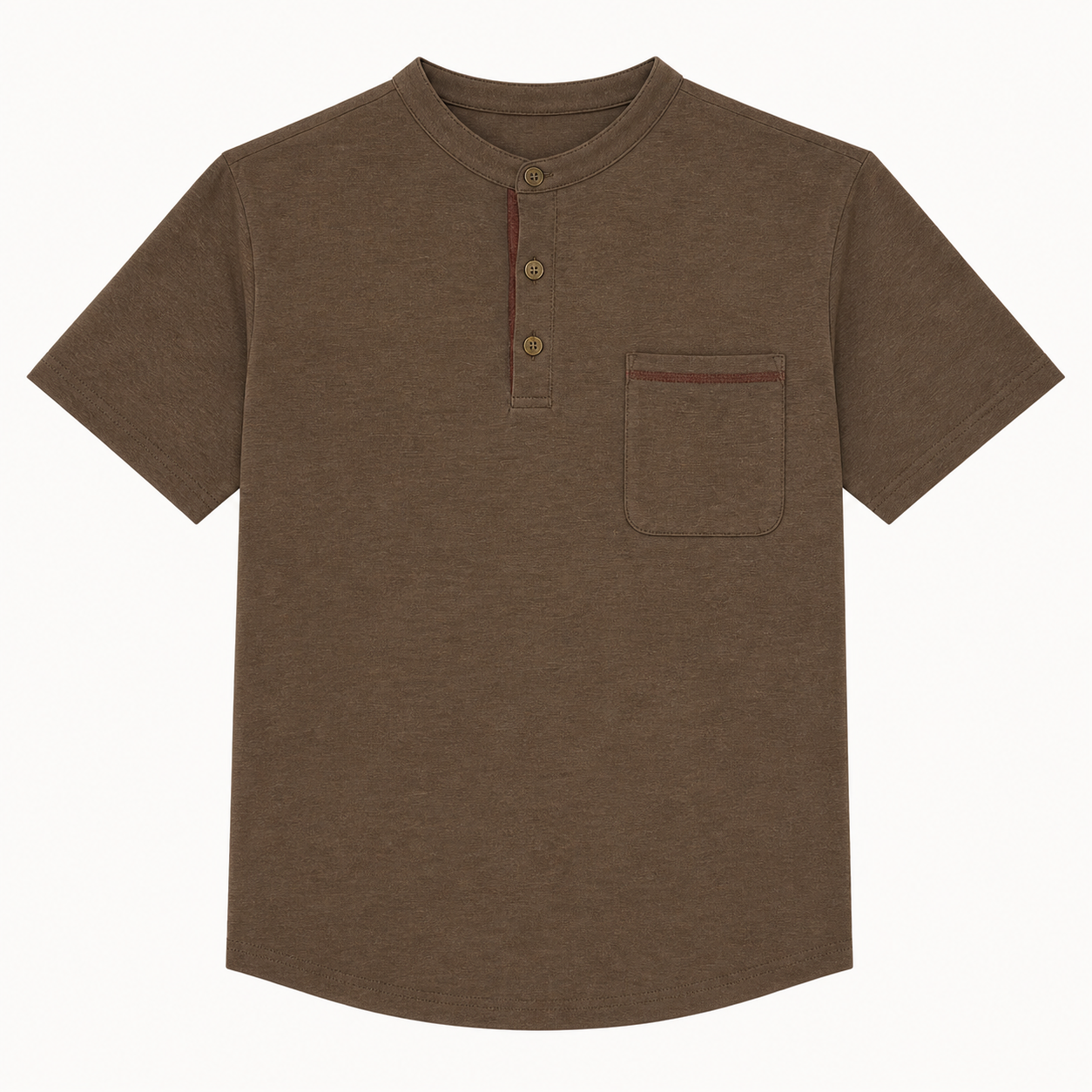 Men's smooth short sleeve Henley shirt in Brown with three-button front and complete sewn-on chest patch pocket