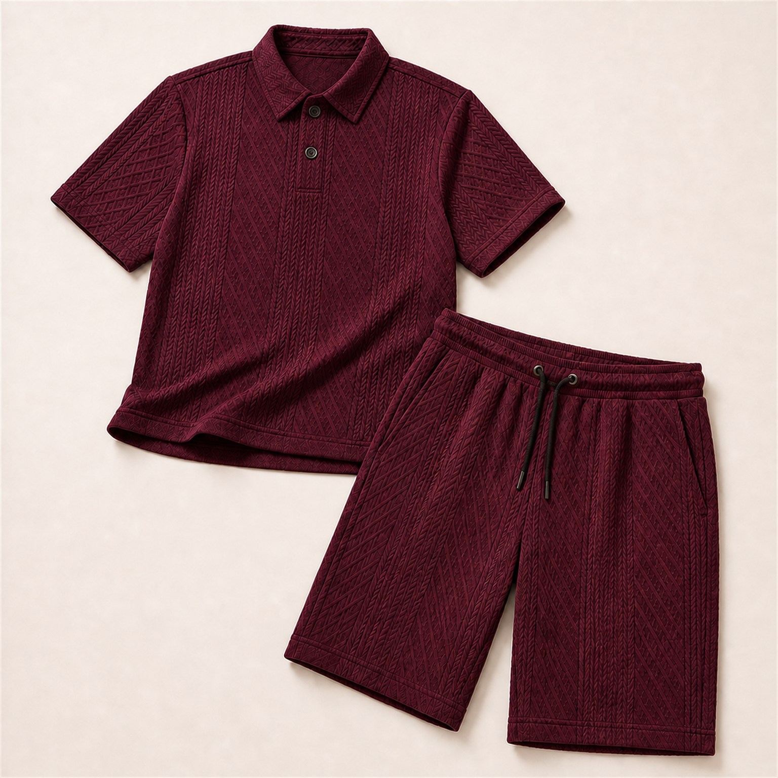 Men's Burgundy raised geometric textured polo with pointed collar, short centered two-button placket, and near-knee drawstring shorts