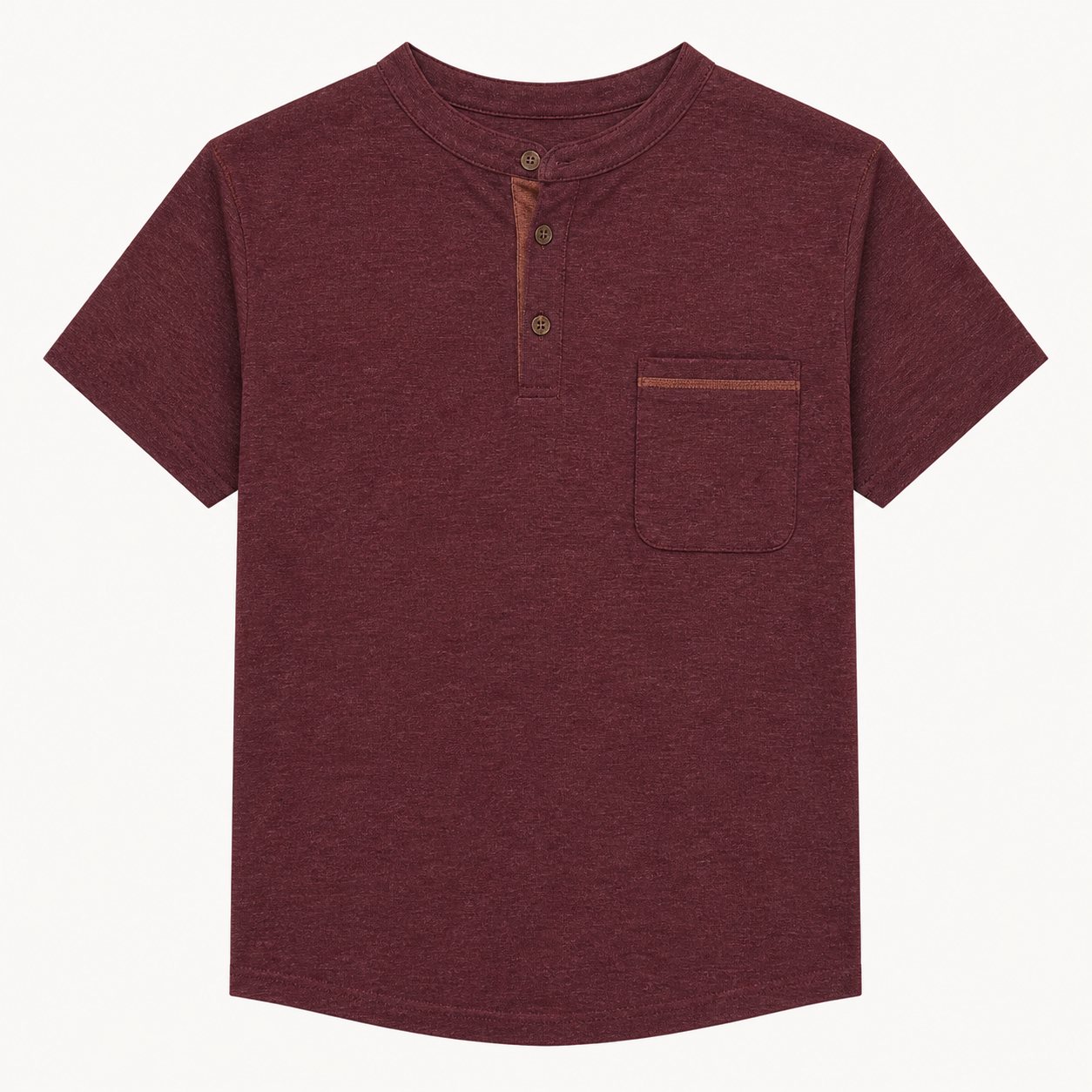 Men's smooth short sleeve Henley shirt in Burgundy with three-button front and complete sewn-on chest patch pocket