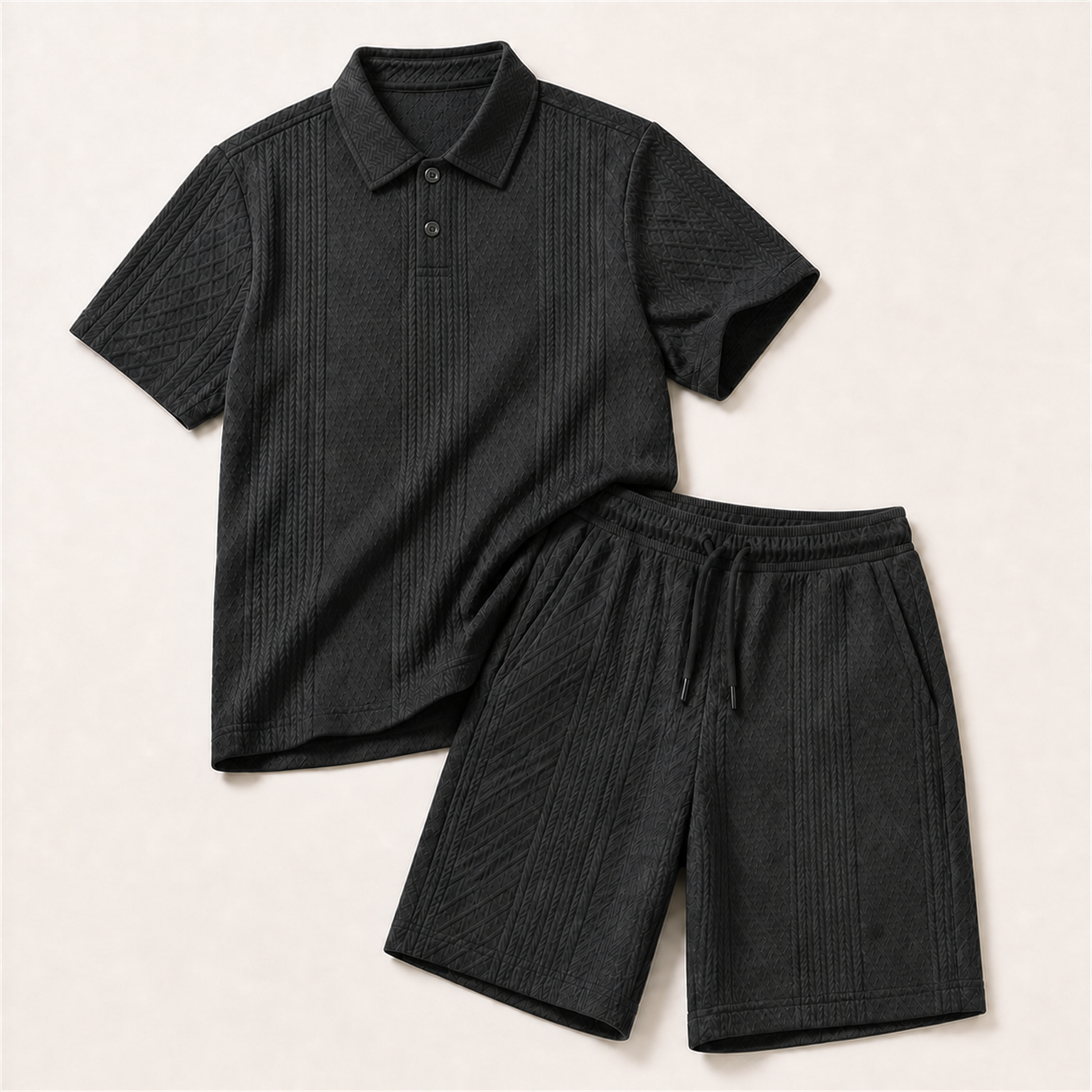 Men's Charcoal raised geometric textured polo with pointed collar, short centered two-button placket, and near-knee drawstring shorts