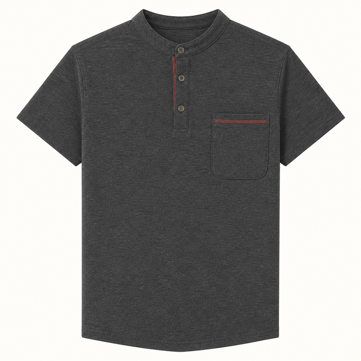 Men's smooth short sleeve Henley shirt in Charcoal with three-button front and complete sewn-on chest patch pocket