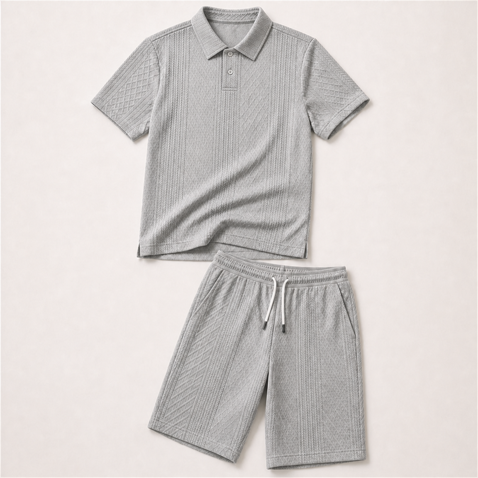 Men's Heather Gray raised geometric textured polo with pointed collar, short centered two-button placket, and near-knee drawstring shorts