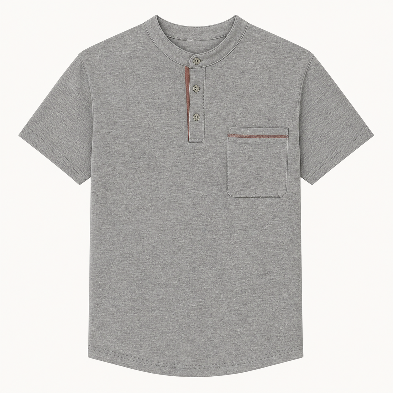 Men's smooth short sleeve Henley shirt in Heather Gray with three-button front and complete sewn-on chest patch pocket