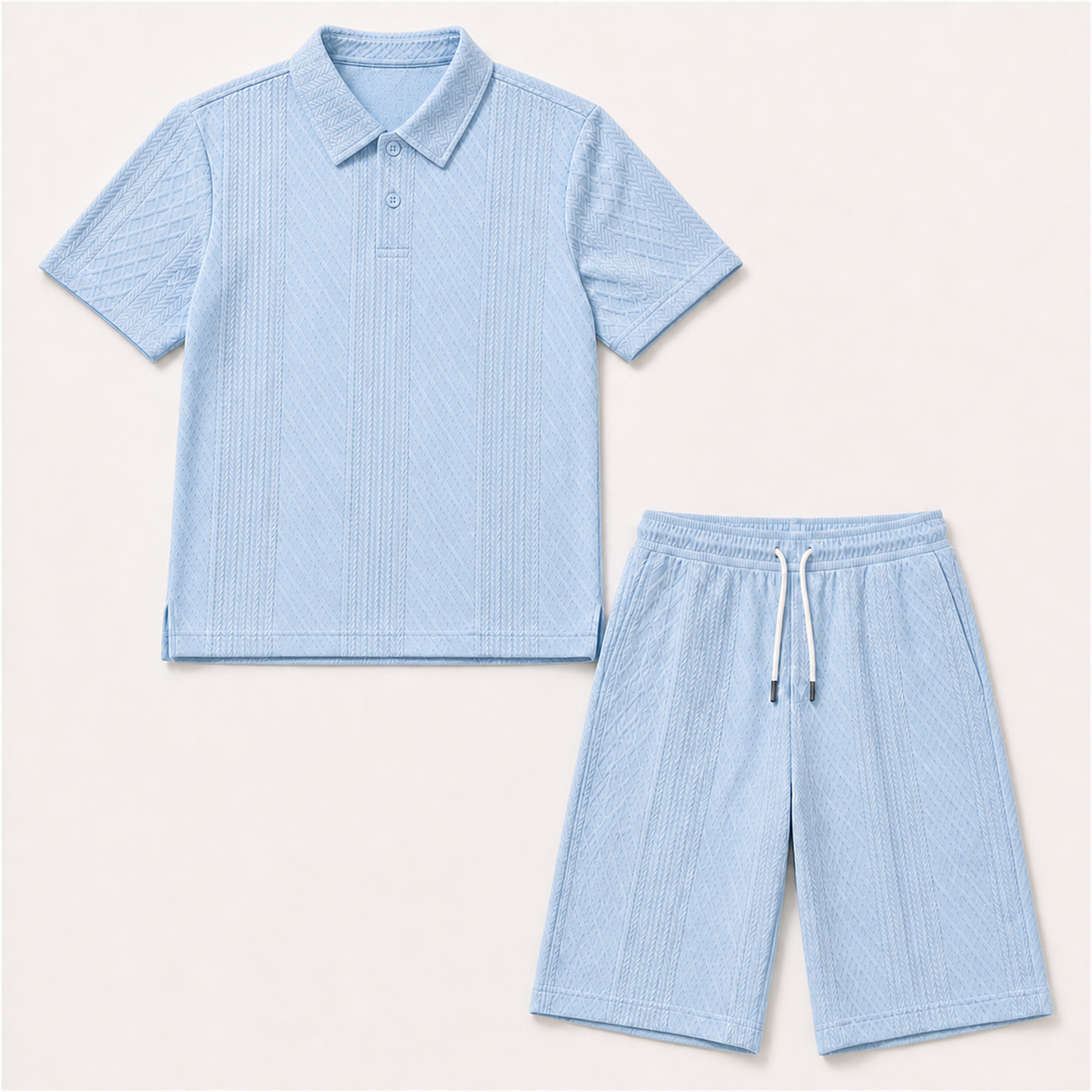 Men's Light Blue raised geometric textured polo with pointed collar, short centered two-button placket, and near-knee drawstring shorts