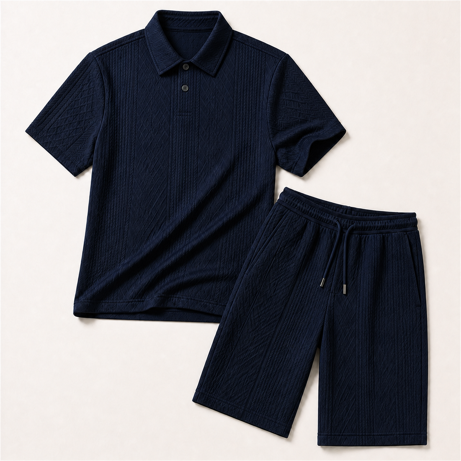 Men's Navy raised geometric textured polo with pointed collar, short centered two-button placket, and near-knee drawstring shorts