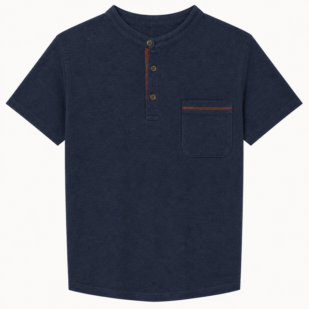 Men's smooth short sleeve Henley shirt in Navy with three-button front and complete sewn-on chest patch pocket
