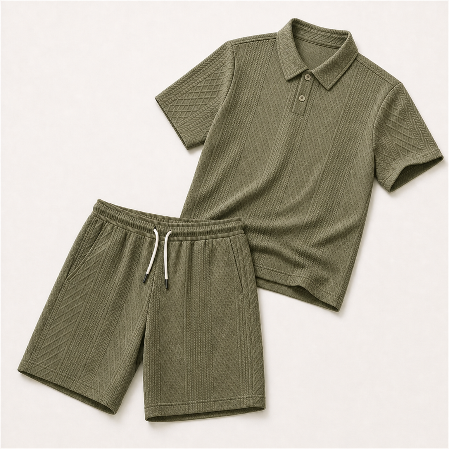 Men's Olive raised geometric textured polo with pointed collar, short centered two-button placket, and near-knee drawstring shorts