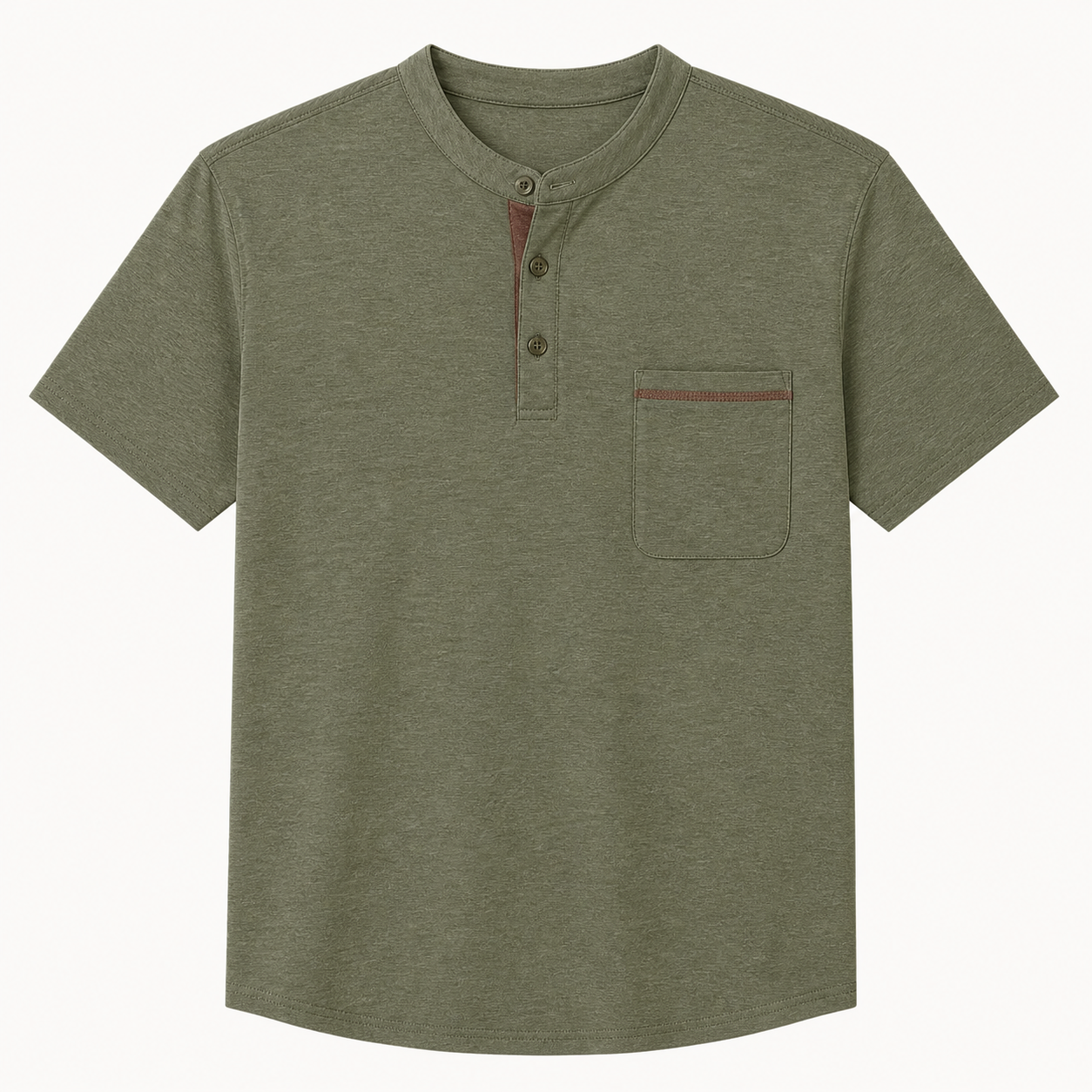 Men's smooth short sleeve Henley shirt in Olive with three-button front and complete sewn-on chest patch pocket