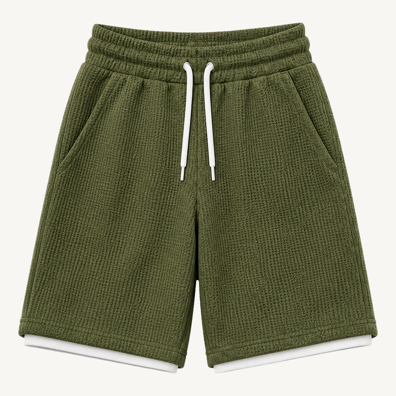 Men's textured drawstring shorts in Olive Green
