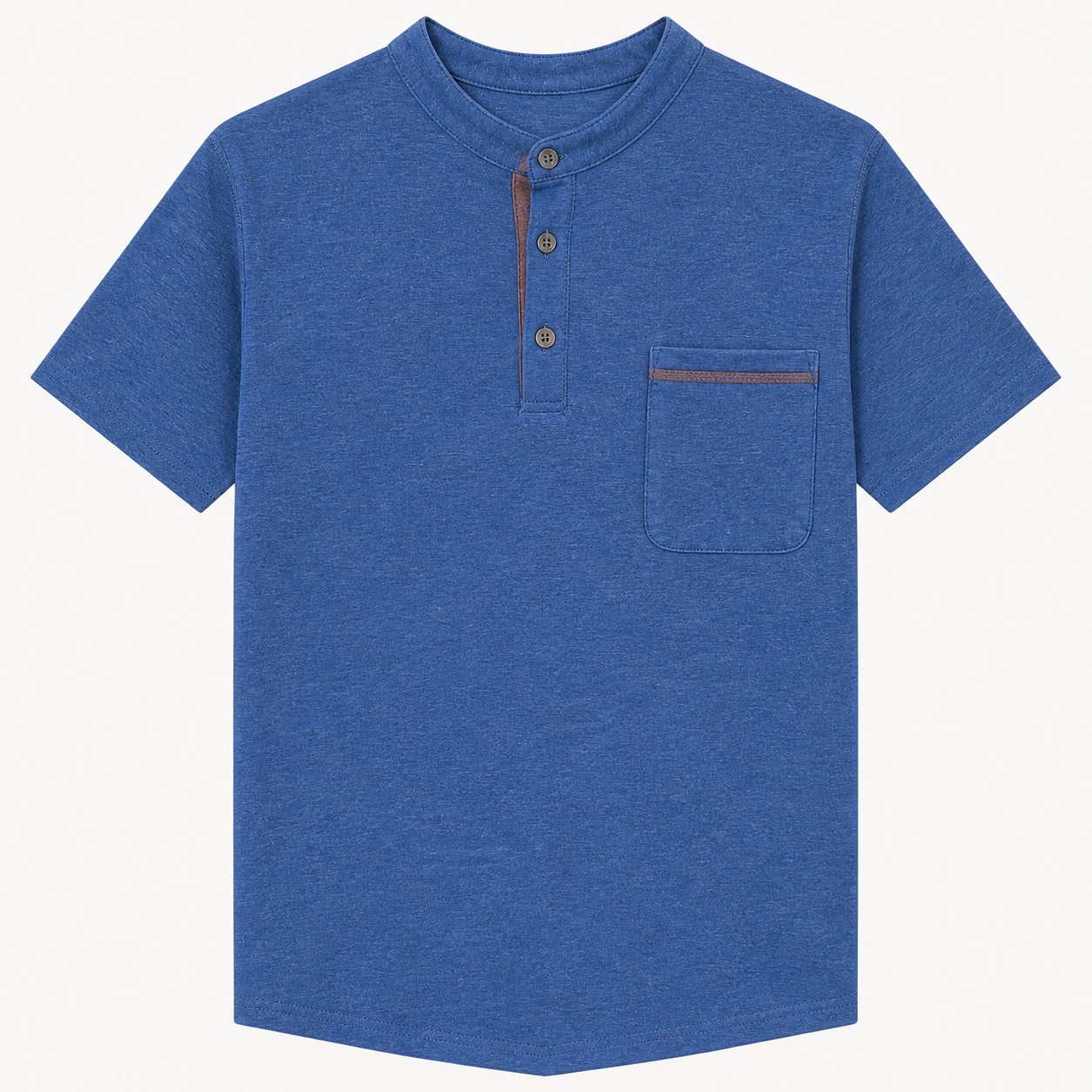 Men's smooth short sleeve Henley shirt in Royal Blue with three-button front and complete sewn-on chest patch pocket