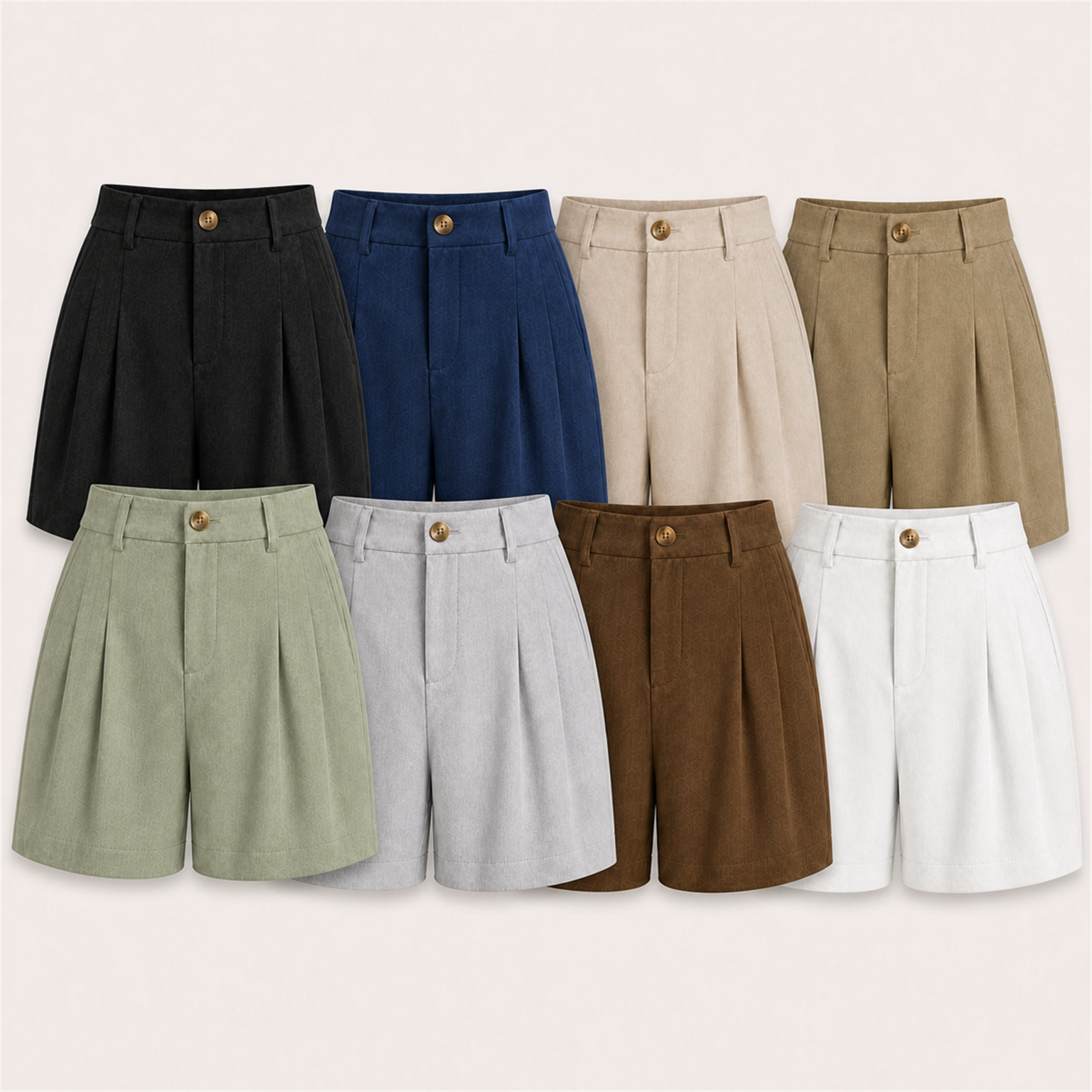 Eight color tailored shorts set in enlarged stacked layout