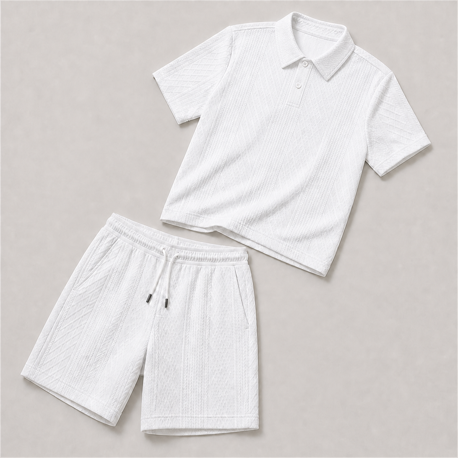Men's White raised geometric textured polo with pointed collar, short centered two-button placket, and near-knee drawstring shorts