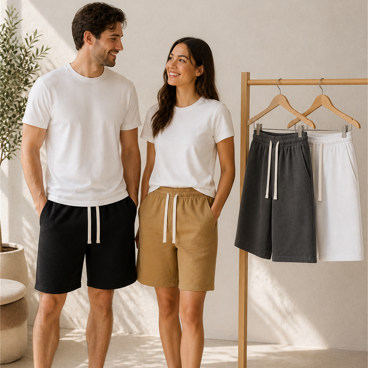 Unisex French-terry shorts worn by a man and woman
