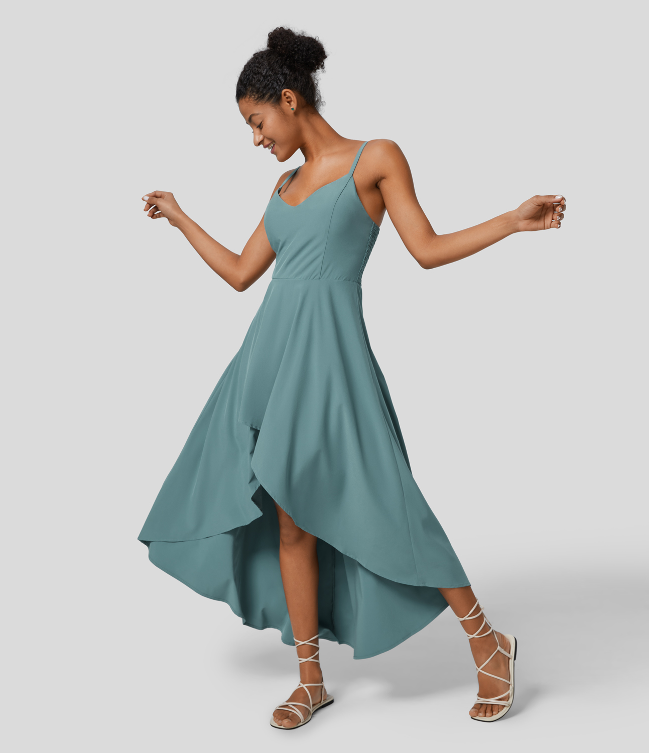Breezeful Adjustable Strap Backless Shirred Invisible Zipper High Low Flowy Quick Dry Maxi Slip Resort Dress