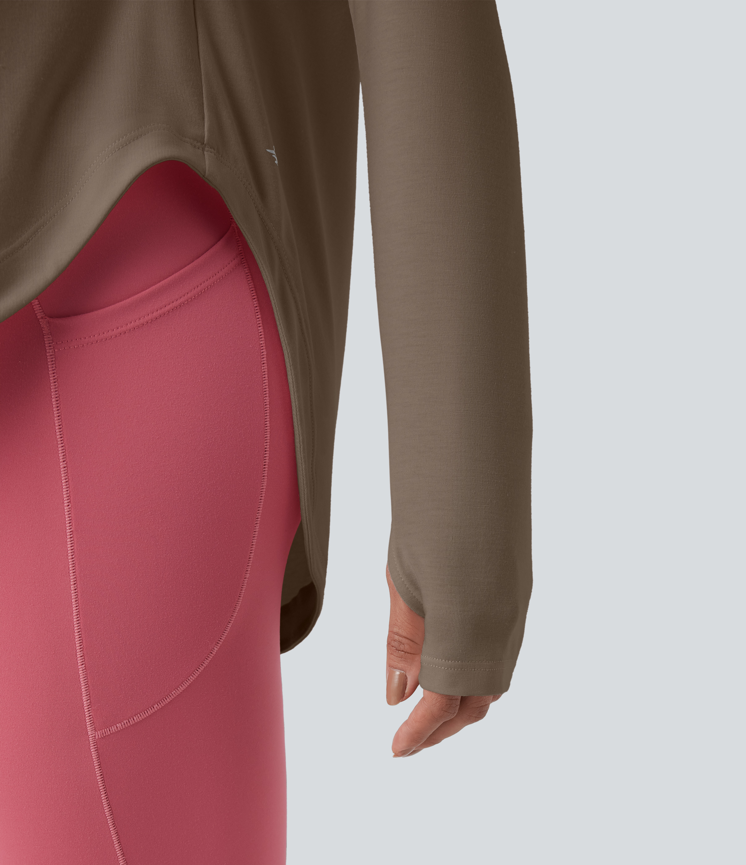 One Shoulder Long Sleeve Thumb Hole Curved Hem High Low Quick Dry Yoga Sports Top-Built-in Bra - Dawn Brown