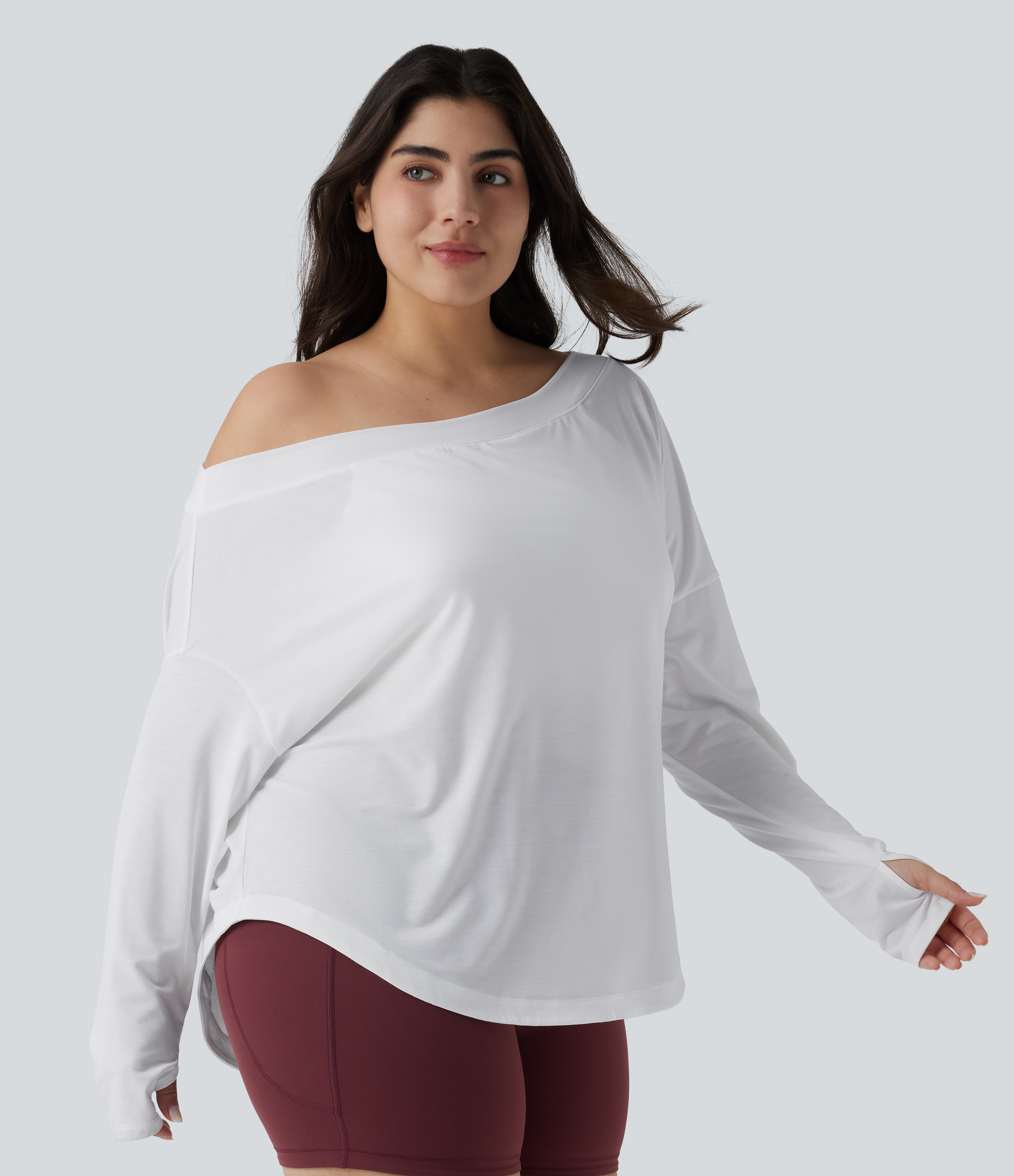 One Shoulder Long Sleeve Thumb Hole Curved Hem High Low Quick Dry Yoga Sports Top-Built-in Bra - White