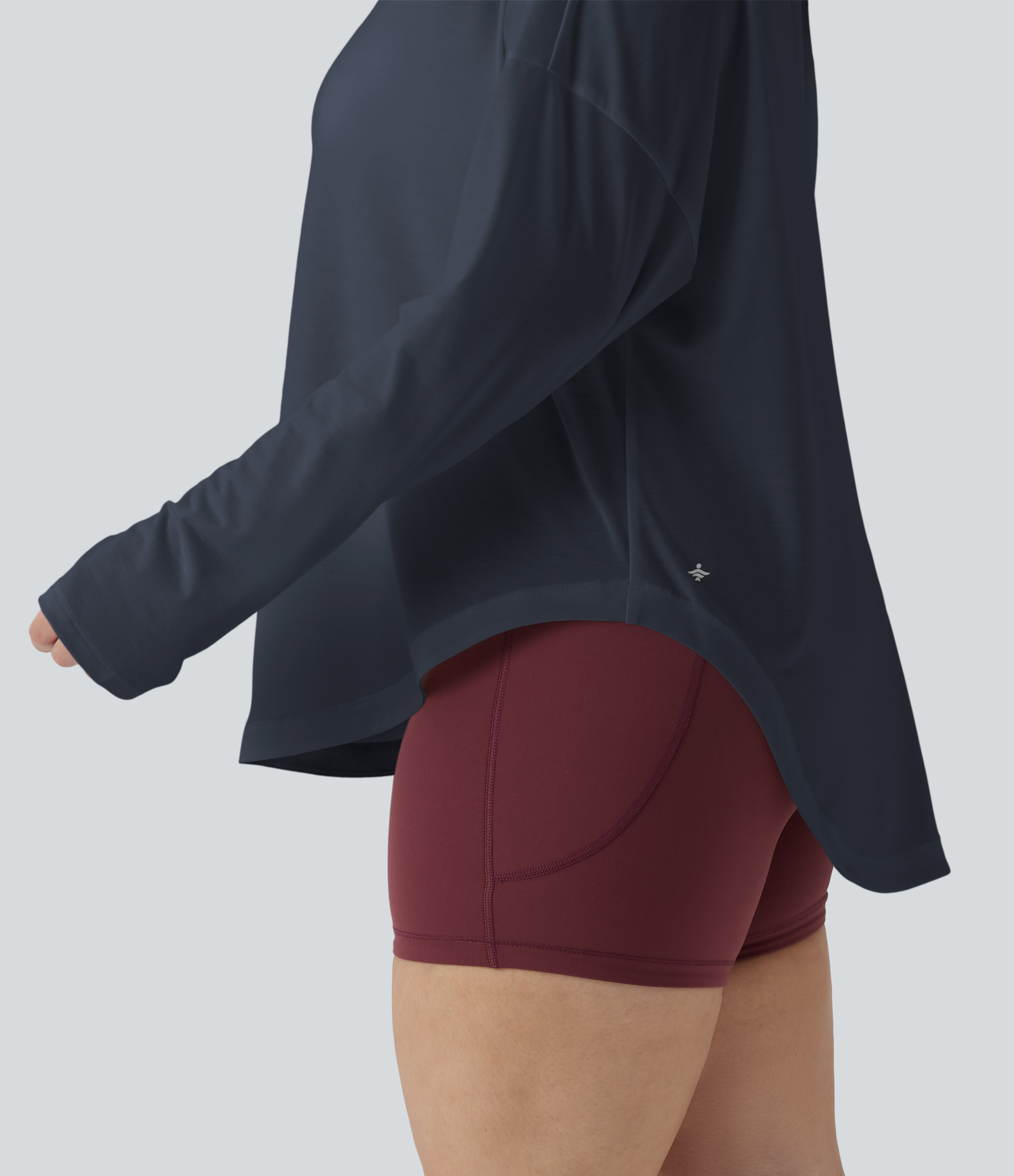 One Shoulder Long Sleeve Thumb Hole Curved Hem High Low Quick Dry Yoga Sports Top-Built-in Bra - Mood Indigo