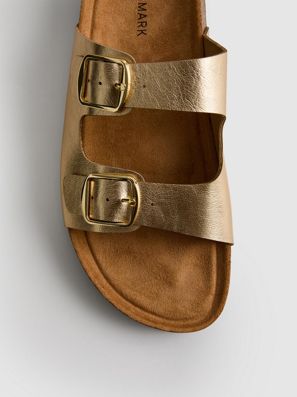 Double Buckle-Strap Mule Sandals - Gold