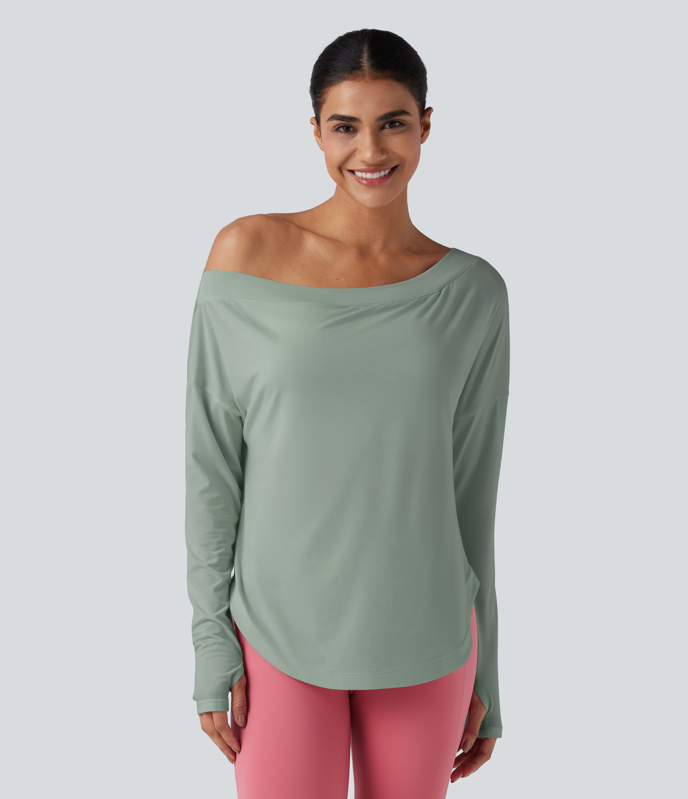 One Shoulder Long Sleeve Thumb Hole Curved Hem High Low Quick Dry Yoga Sports Top-Built-in Bra - Iceberg Green