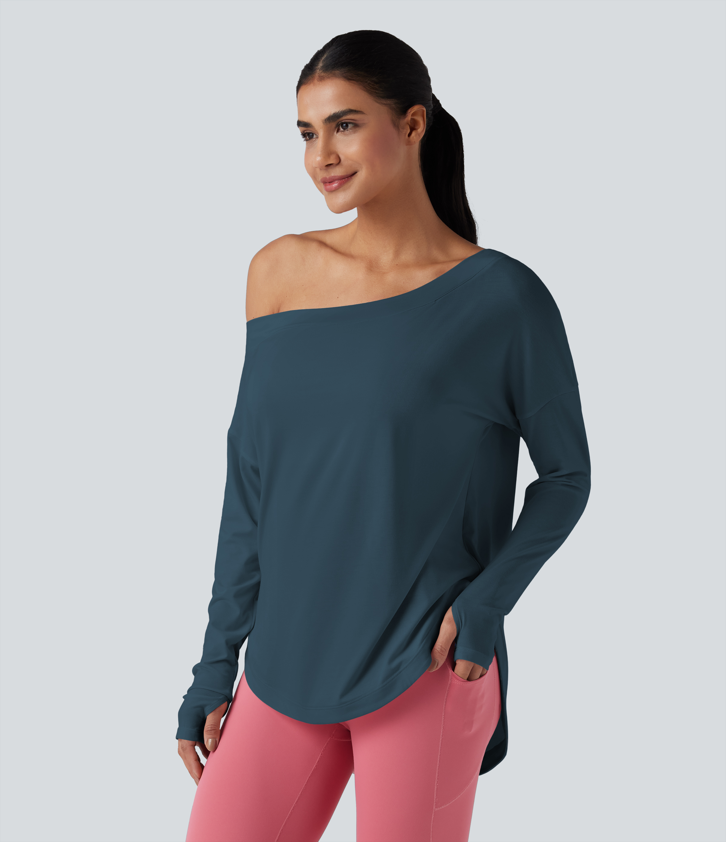 One Shoulder Long Sleeve Thumb Hole Curved Hem High Low Quick Dry Yoga Sports Top-Built-in Bra - Majolica Blue