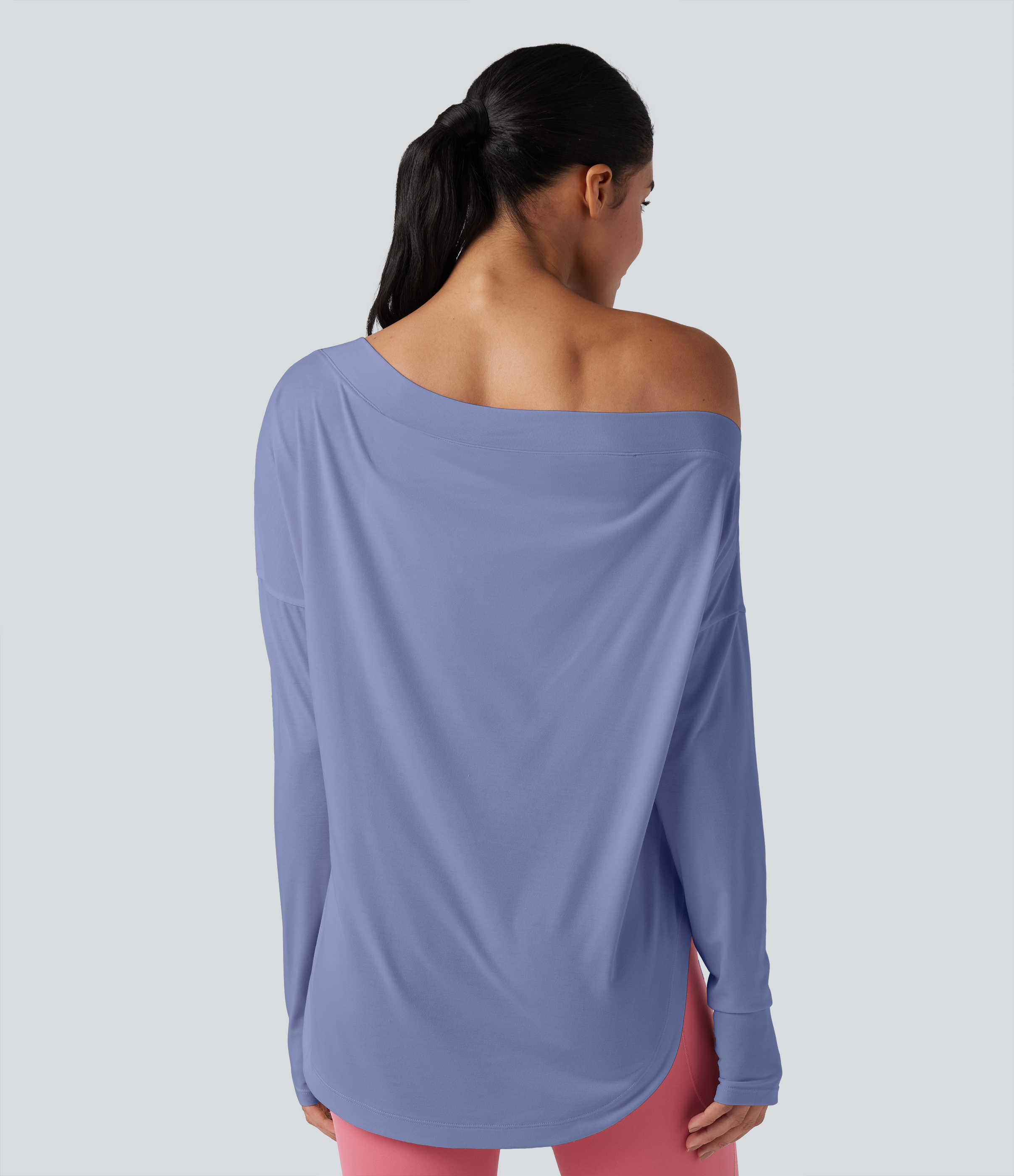 One Shoulder Long Sleeve Thumb Hole Curved Hem High Low Quick Dry Yoga Sports Top-Built-in Bra - Purple Impression
