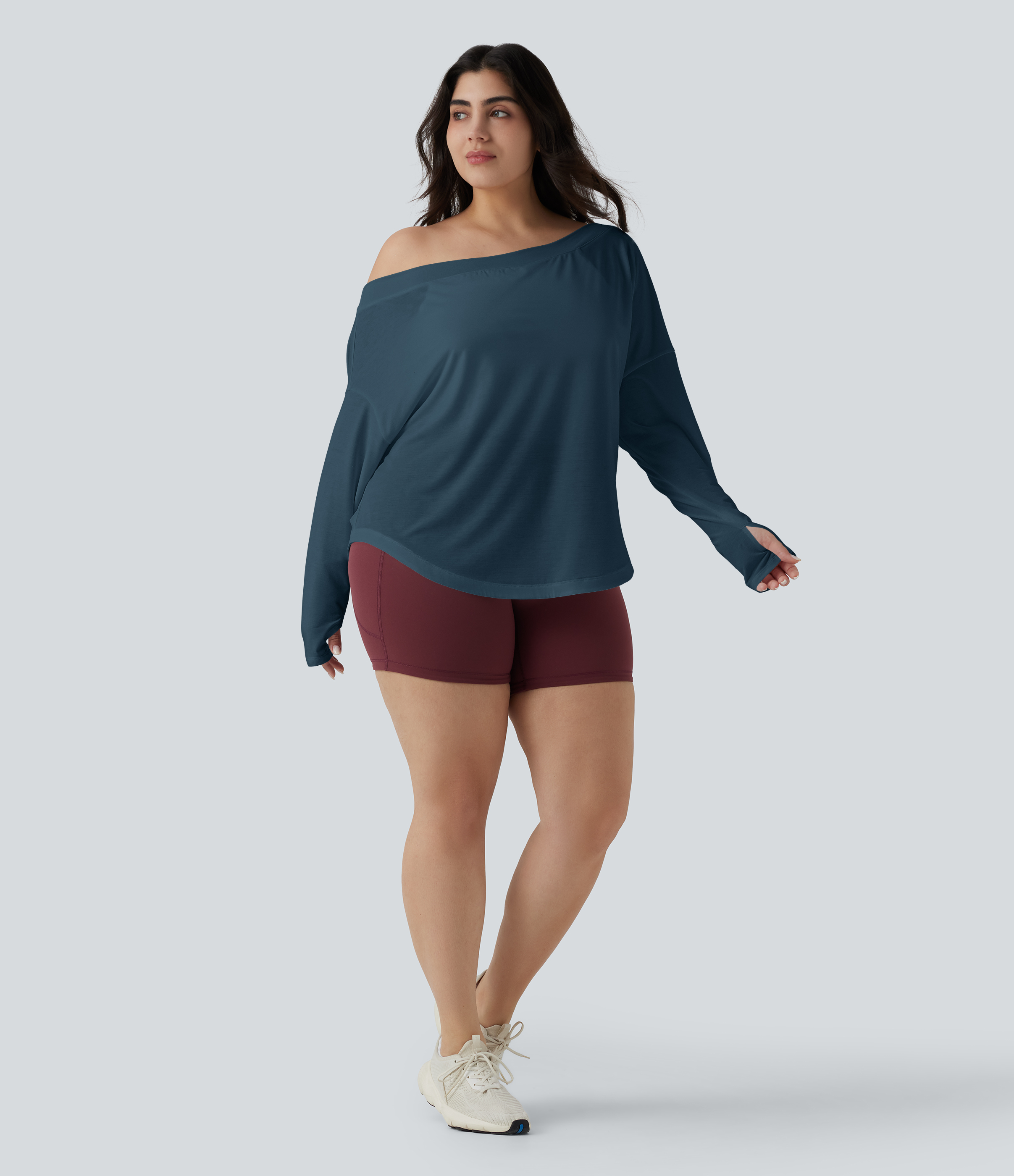 One Shoulder Long Sleeve Thumb Hole Curved Hem High Low Quick Dry Yoga Sports Top-Built-in Bra - Majolica Blue