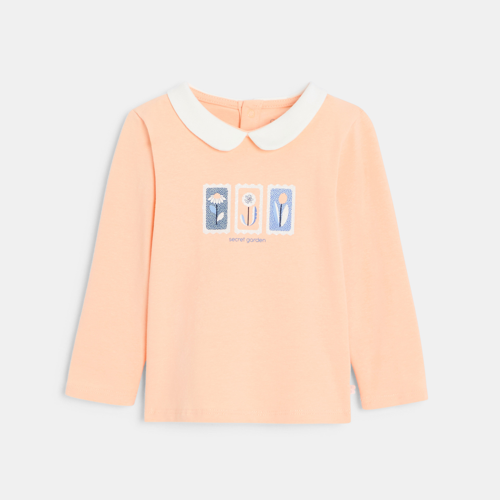 T-shirt col claudine blanc bébé fille - Orange corail