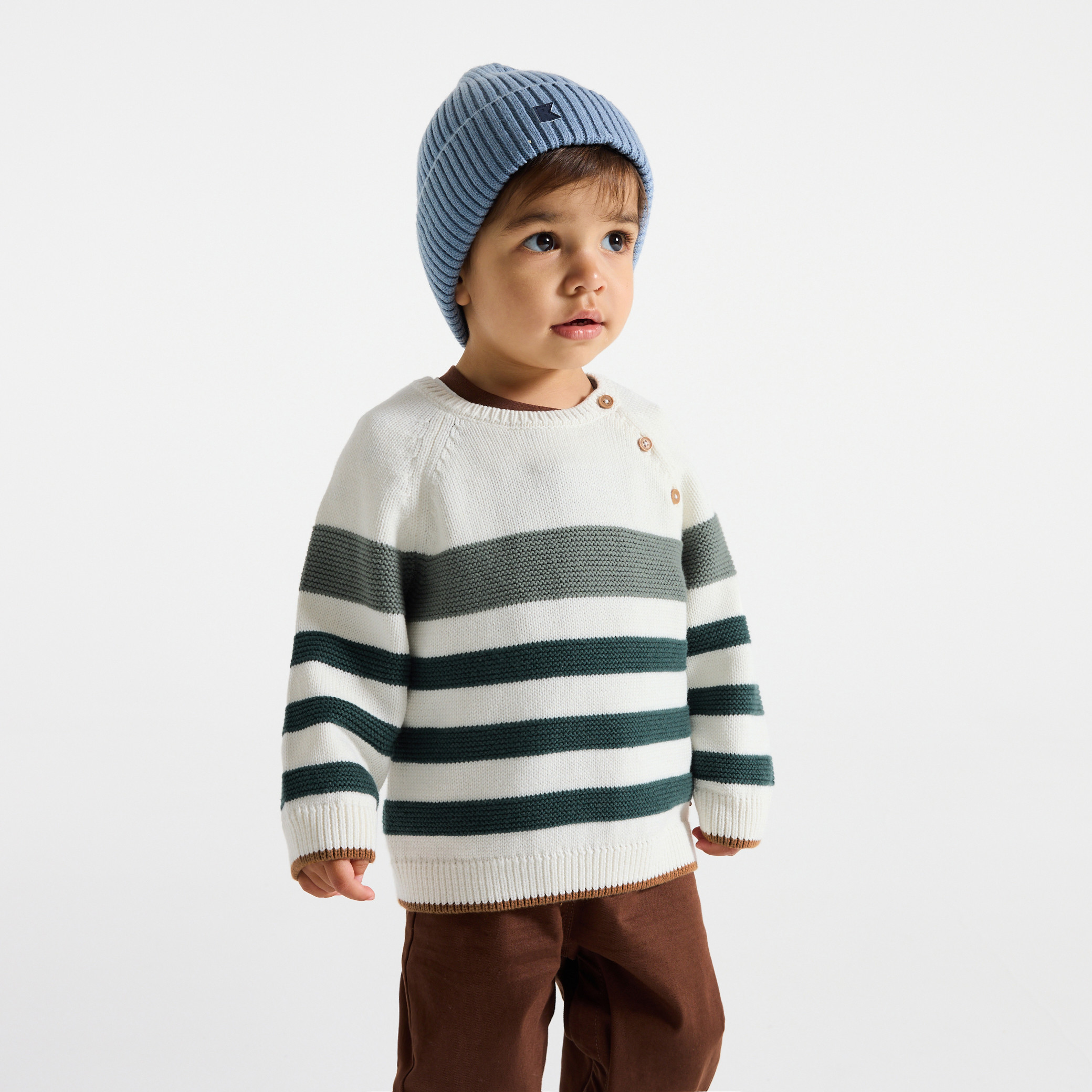 Pull maille tricot rayé bleu bébé garçon - Rayures vert