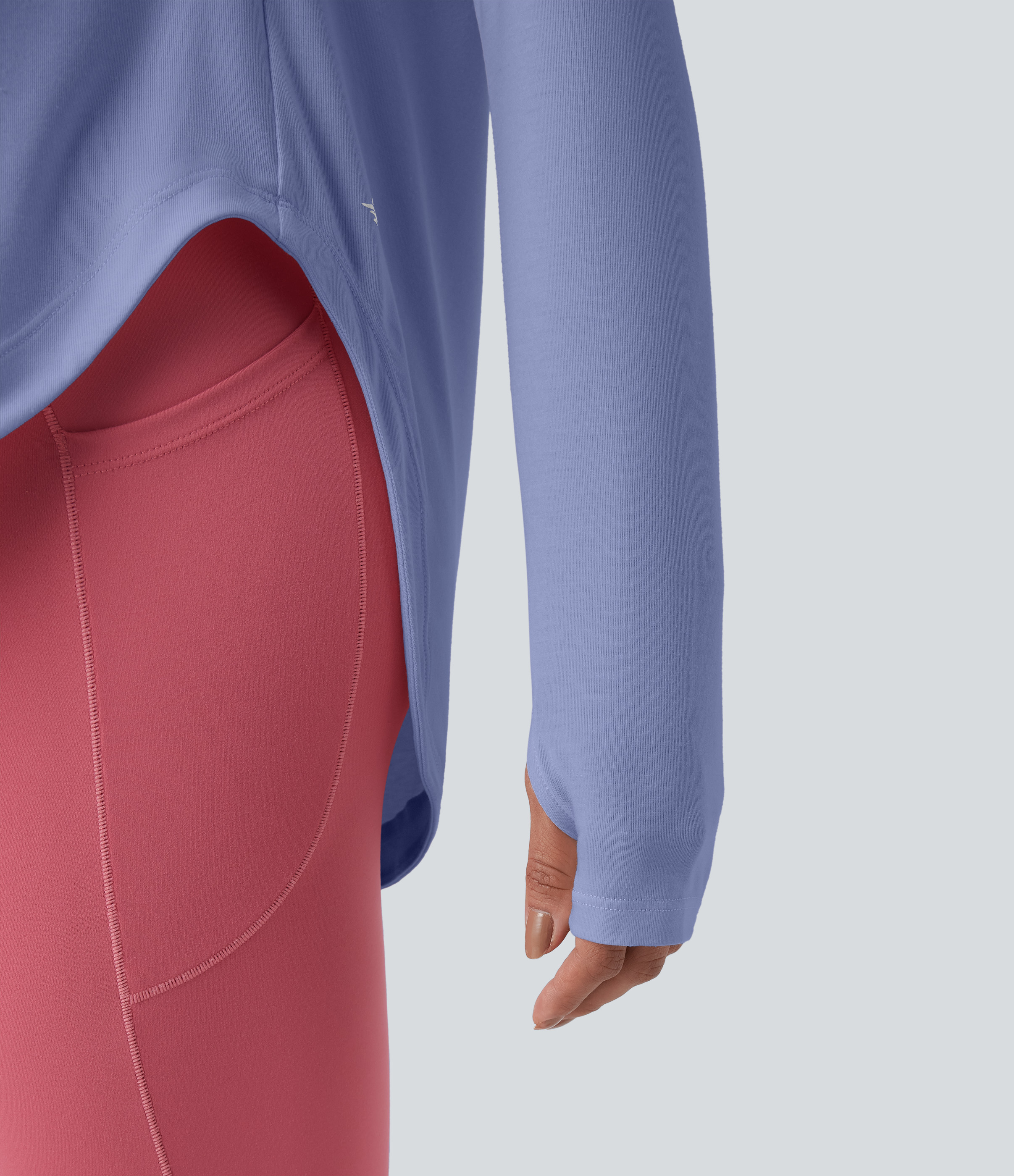 One Shoulder Long Sleeve Thumb Hole Curved Hem High Low Quick Dry Yoga Sports Top-Built-in Bra - Purple Impression