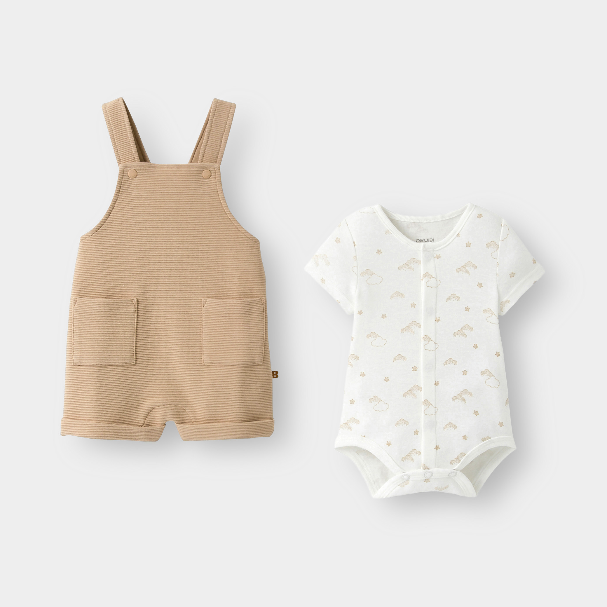Salopette courte fantaisie et body beige bébé garçon - Vert Amande