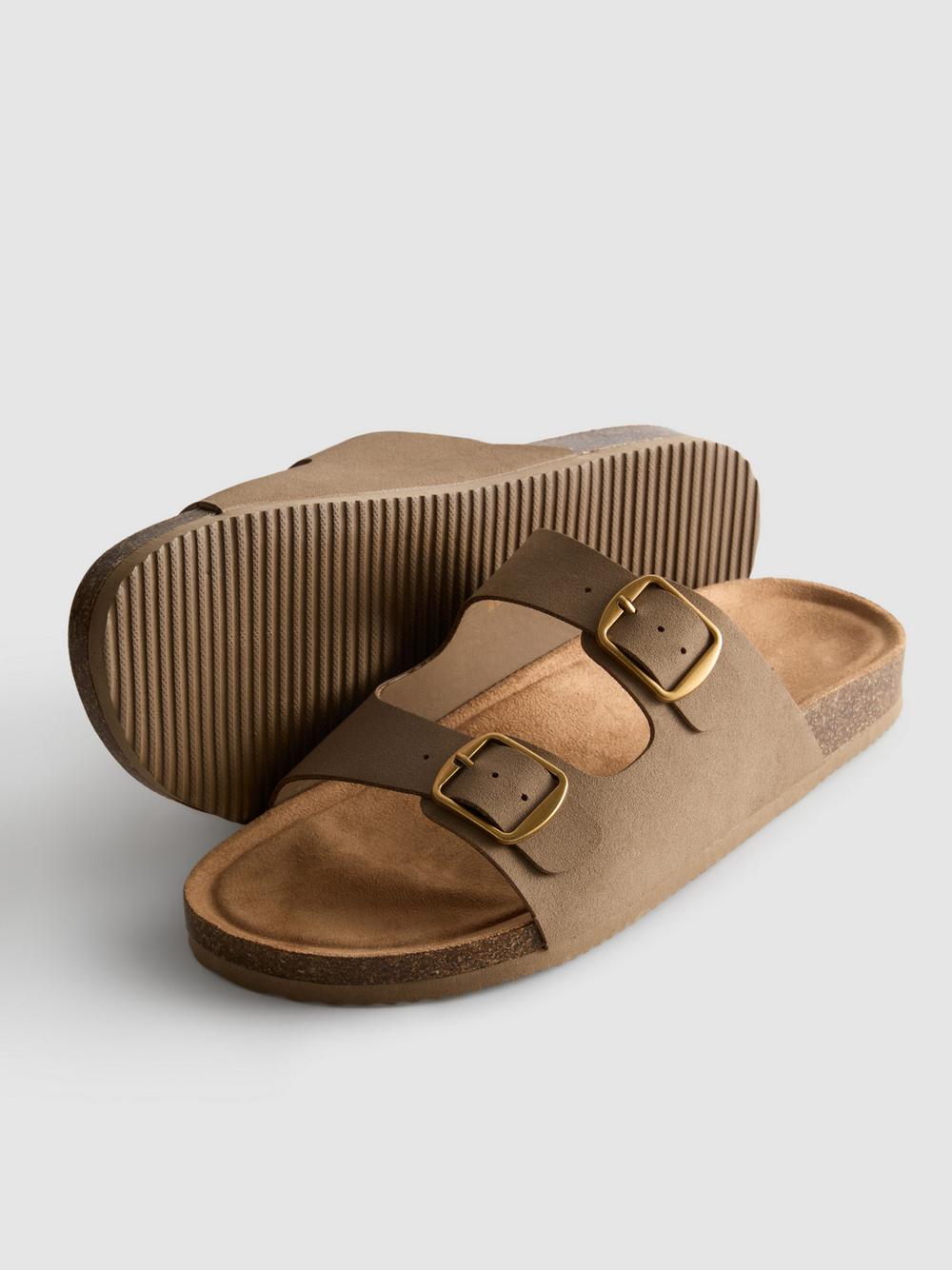 Double Buckle-Strap Mule Sandals - Taupe