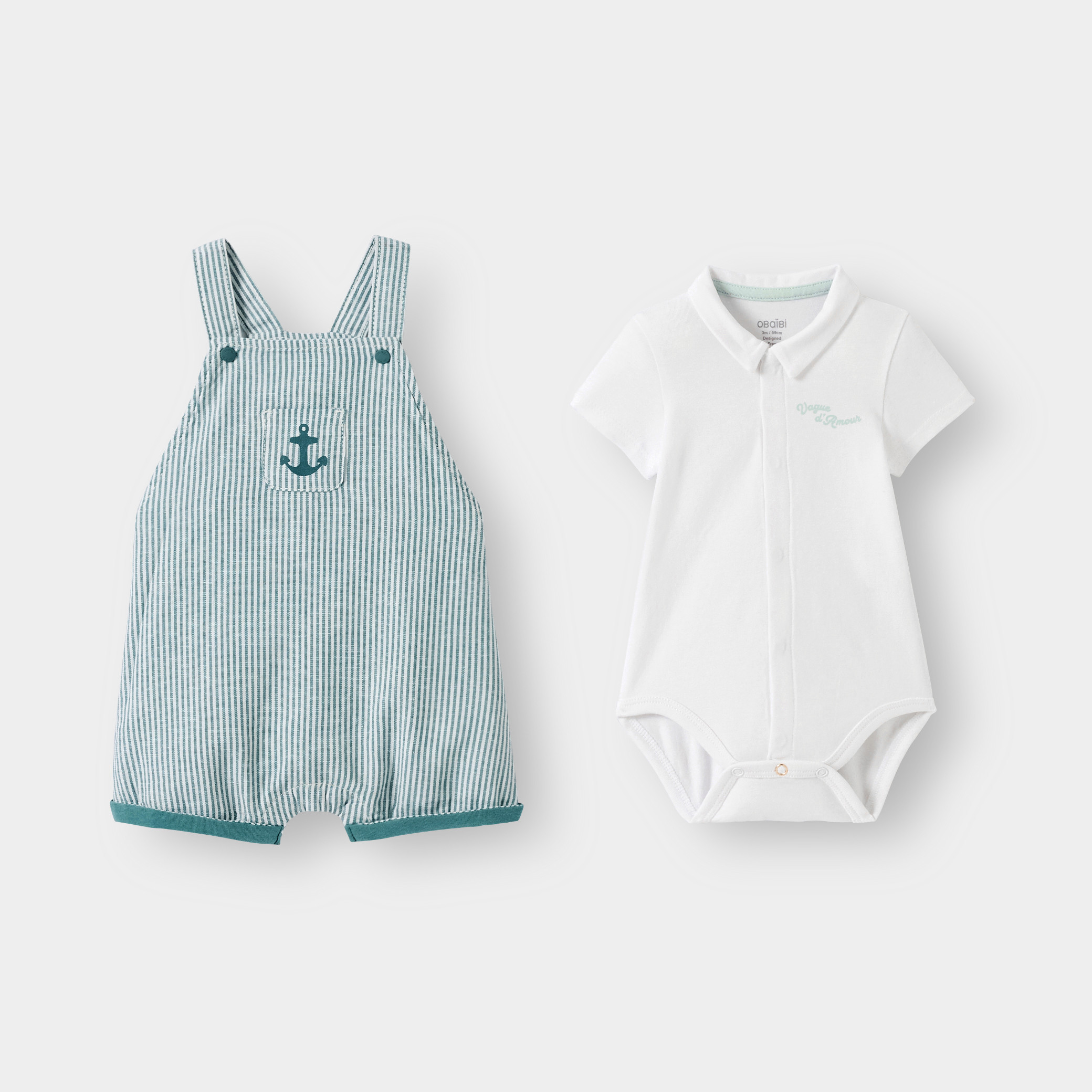 Salopette courte et body vert bébé garçon - Rayures bleu