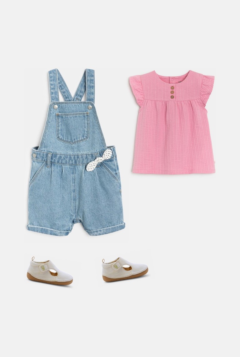 Salopette courte jean bleu denim bébé fille - Denim bleu