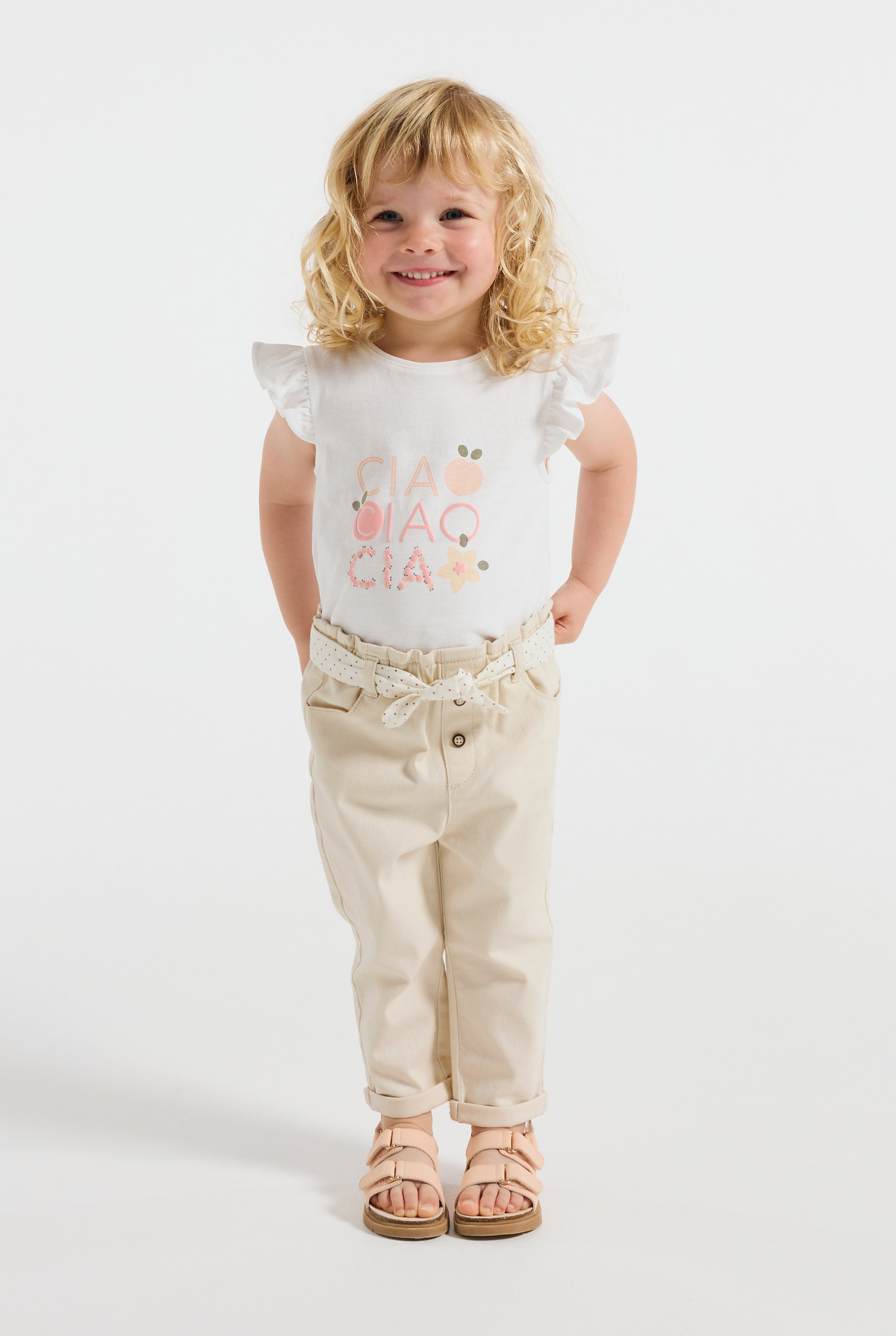 Pantalon taille haute bleu bébé fille - Blanc Farine