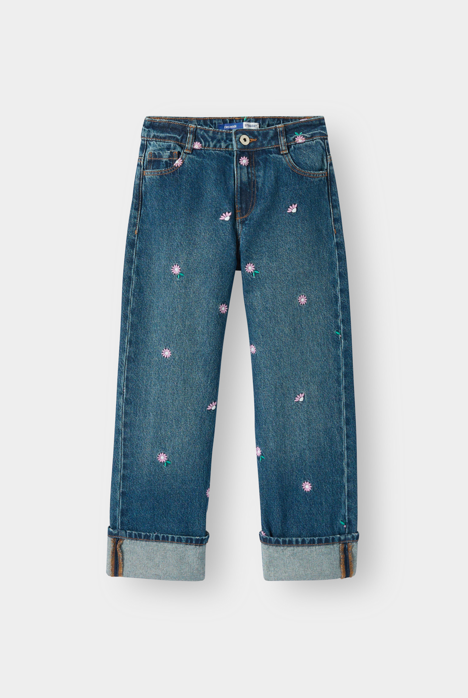 Jean straight brodé bleu fille - Denim bleu stone