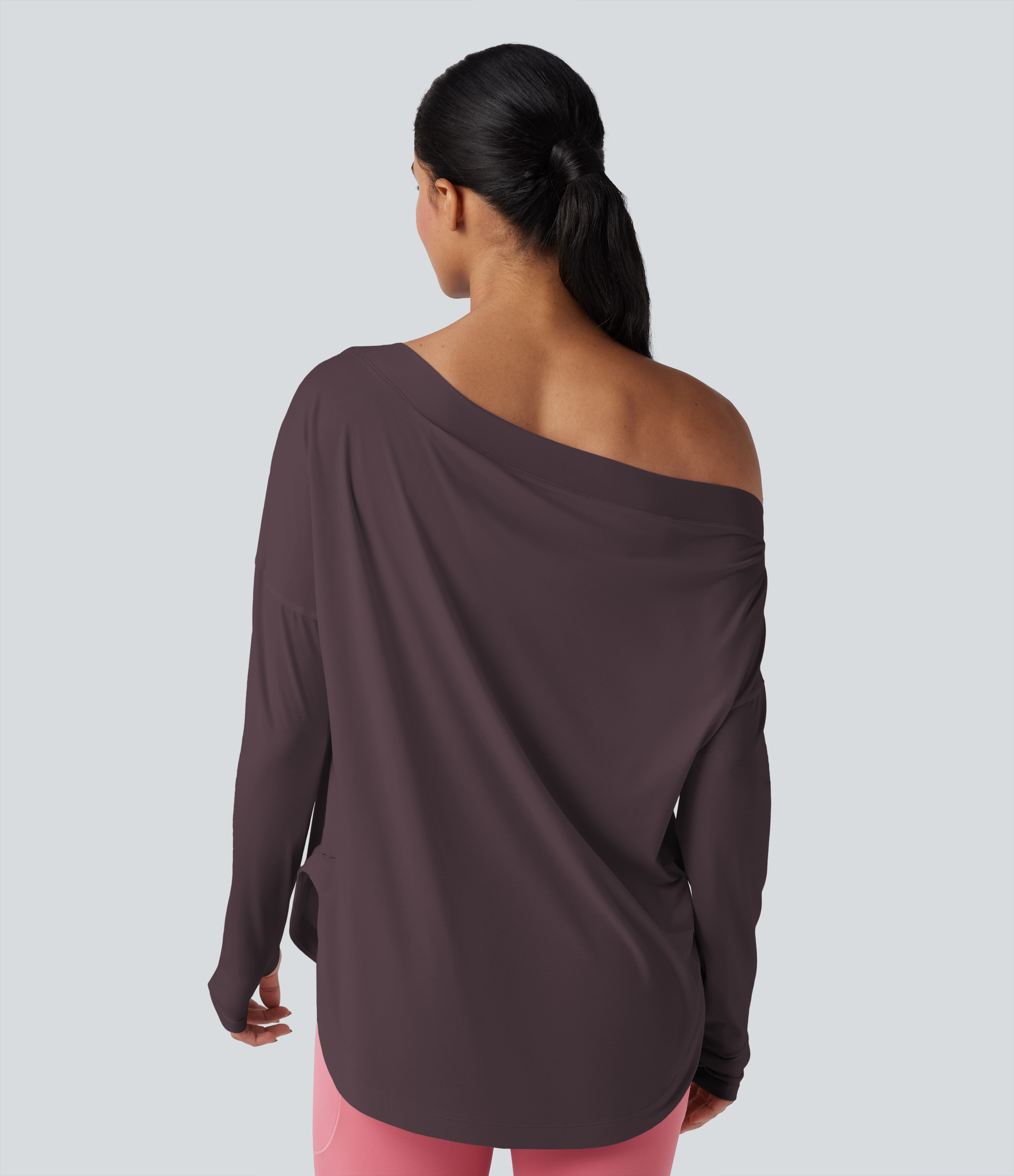 One Shoulder Long Sleeve Thumb Hole Curved Hem High Low Quick Dry Yoga Sports Top-Built-in Bra - Night's Purple