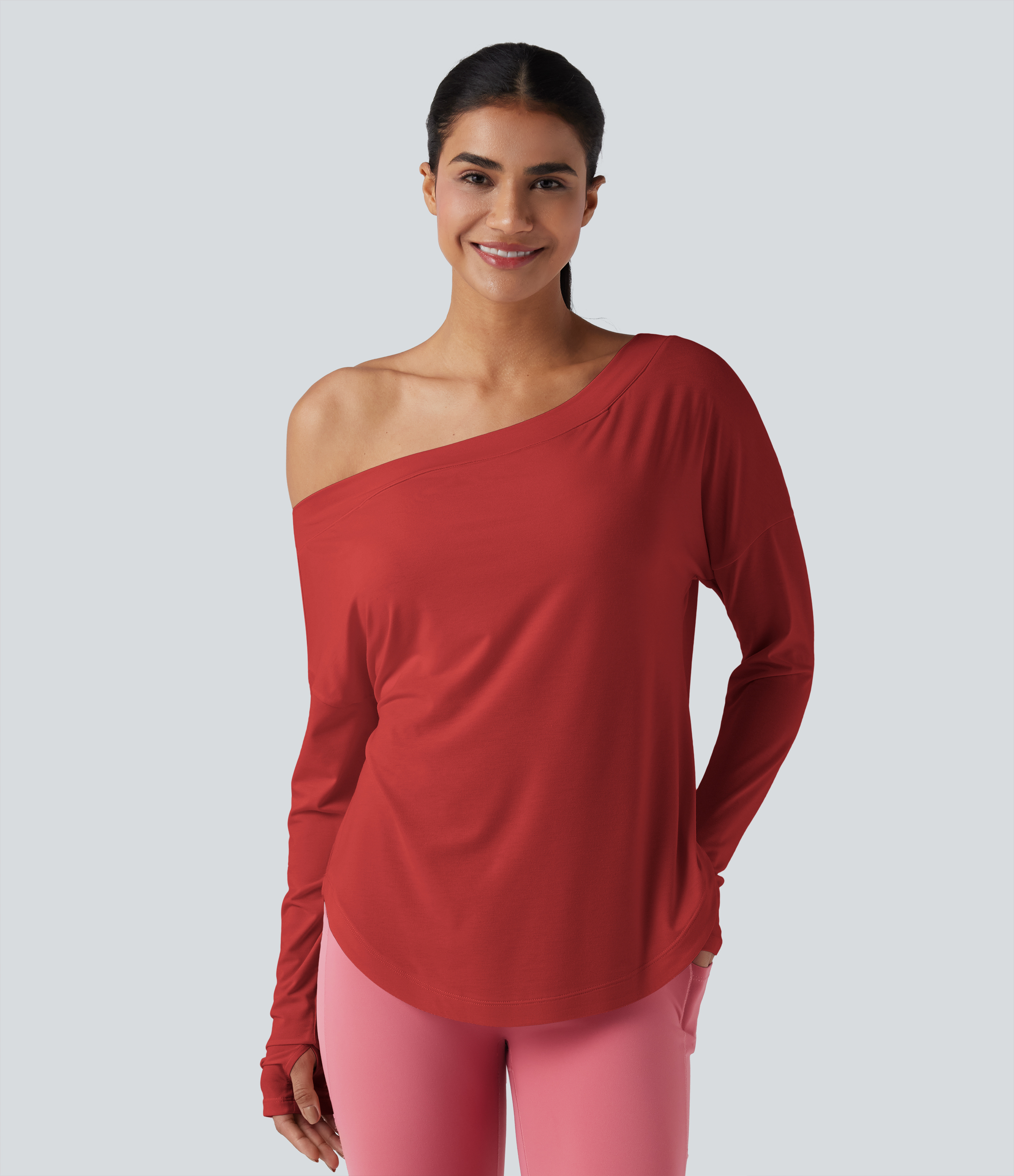One Shoulder Long Sleeve Thumb Hole Curved Hem High Low Quick Dry Yoga Sports Top-Built-in Bra - Aura Orange