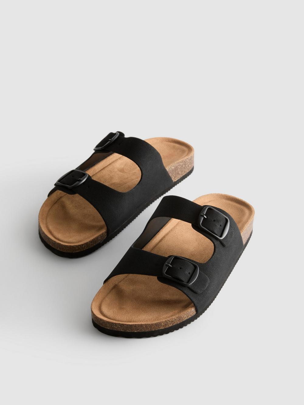 Double Buckle-Strap Mule Sandals - Black